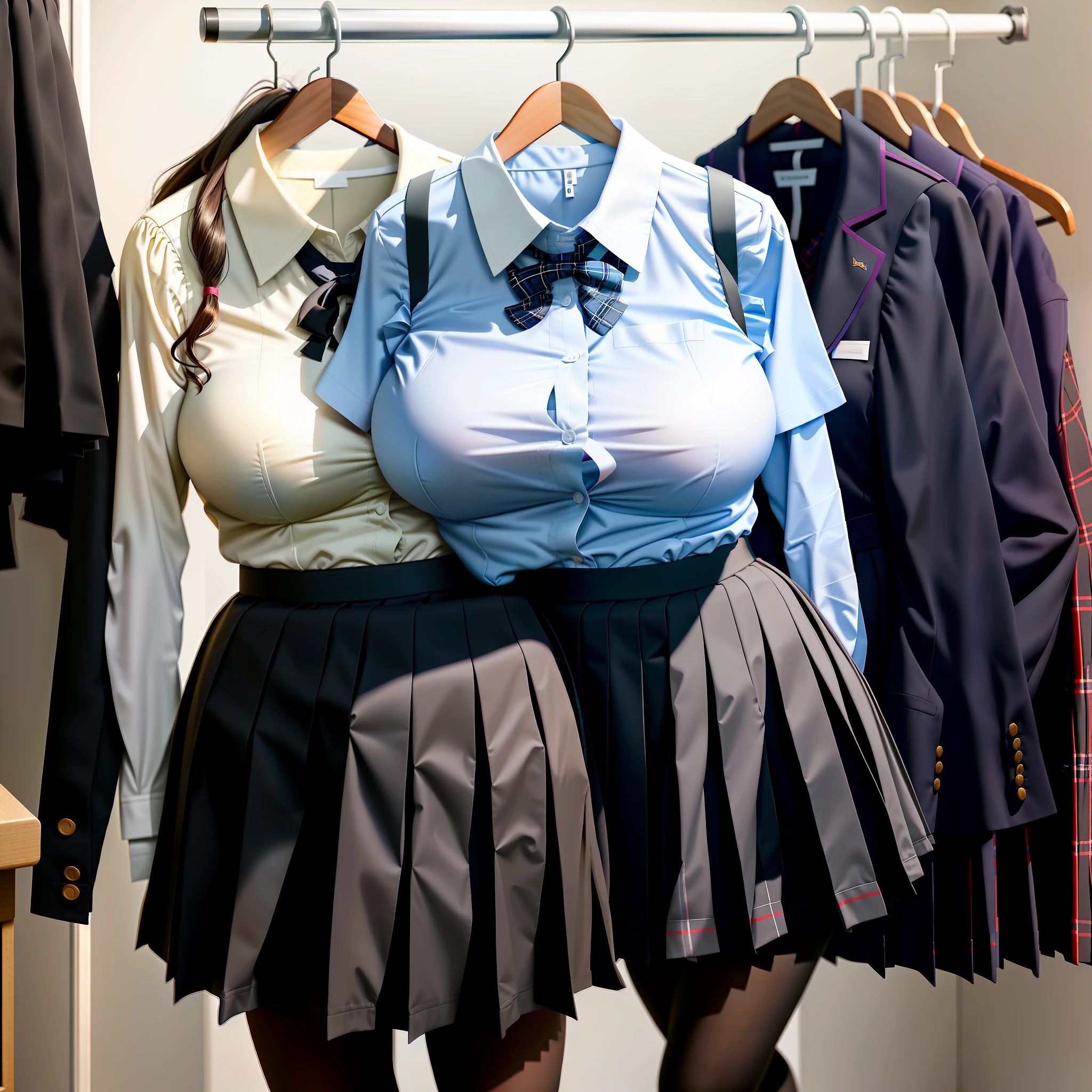 nsfw, 8K raw photo, Best quality, masterpiece, ultra high res, (photorealistic:1.3), girls' school uniforms on hangers in the closet raise their sleeves on their own as if worn by invisible busty girls, hanger busty school uniforms on hangers swell into girls' shape as if worn by invisible busty girls, school uniforms has big breasts and cleavage, school uniforms without humans, headless, faceless, no hands, black tights, plaid skirt, white shirt, empty school uniforms pose with buttocks facing you, hanger school uniforms bending forward in the closet as if worn by invisible girls