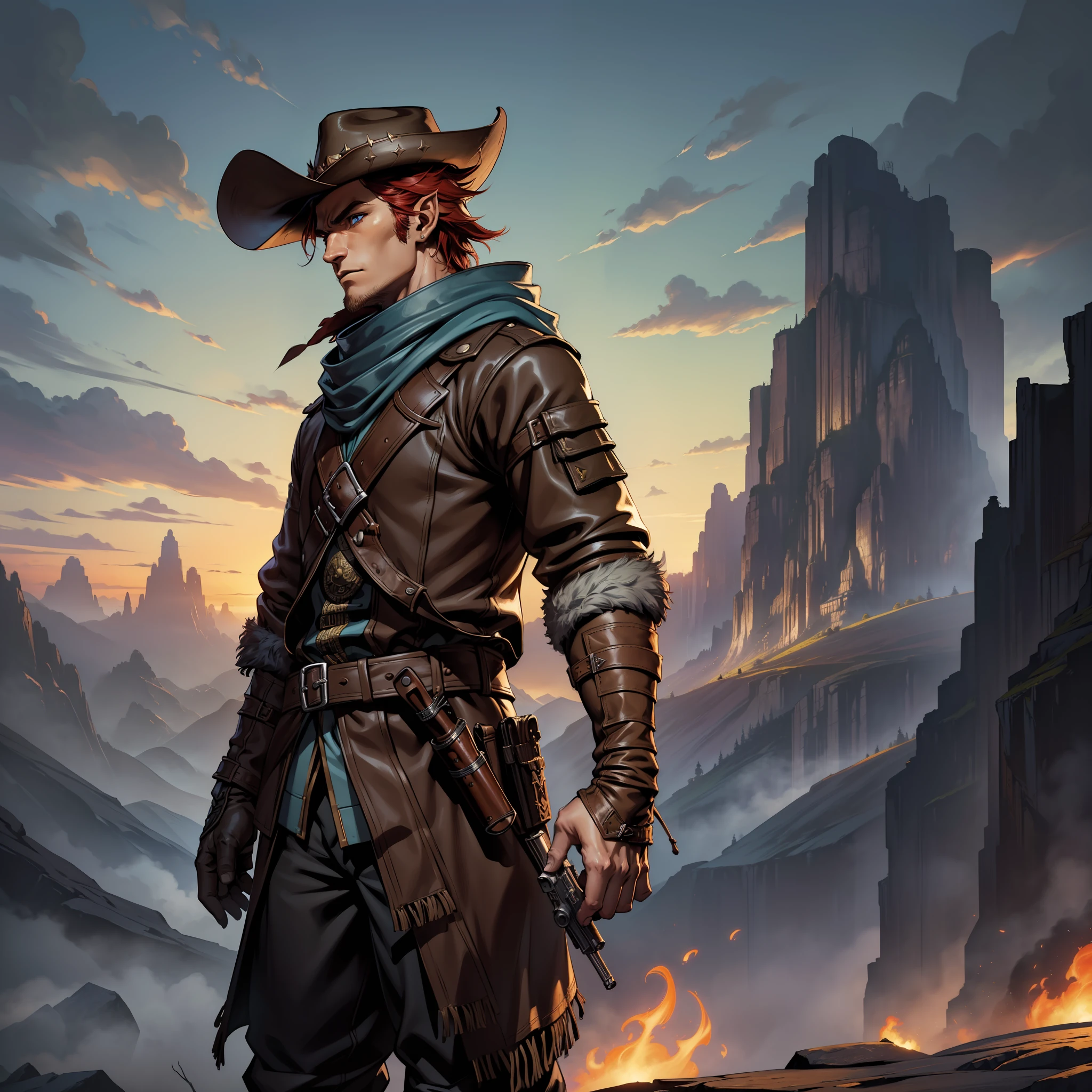 (extremely detailed 8k wallpaper:1.2), (best quality:1.2), (adventure and fantasy theme), profile (Paizo Pathfinder RPG character and Dungeons & Dragons), (man), (((human race))), young, agile, sharp focus, (subsurface scattering:1.1), award-winning photography, ((Gunslinger Class:1.3)), ((half-body shot:1.1)), centered face, Mohawk red hair, blue eyes:1.2, cowboy hat, funny, wearing leather overcoat, scarf wrapped around the neck, (standing before landscape of oriental background:1.3), (very detailed background:1.2),dramatic lighting, SFW