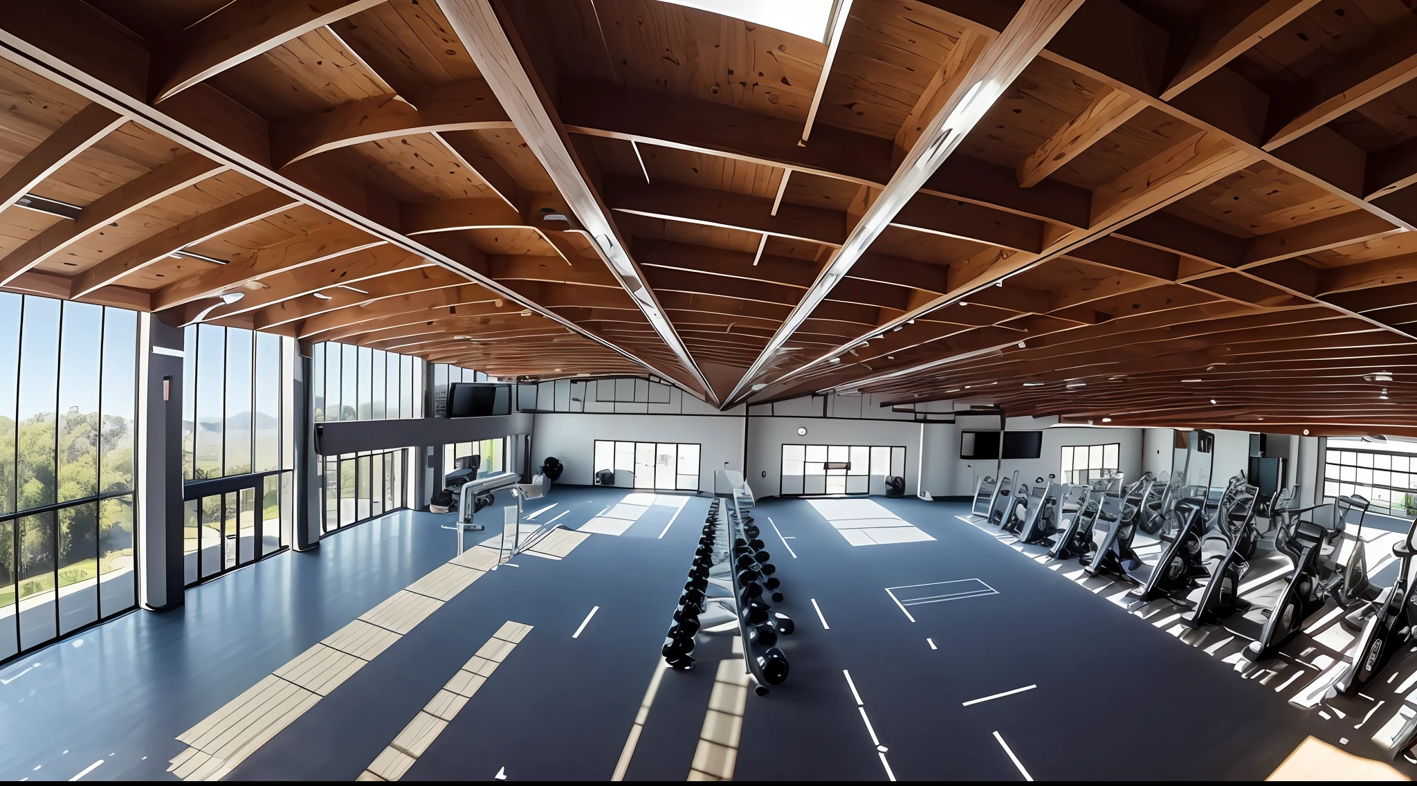 (Ultra wide-angle lens), (Best masterpiece), 8K, a gorgeous gym well lit by sunlight seen from above. --auto --s2