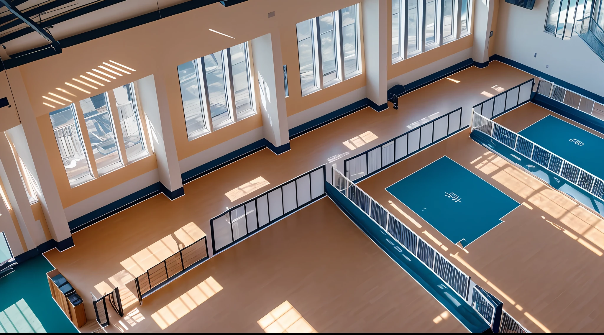 (Ultra wide-angle lens), (Best masterpiece), 8K, a gorgeous gym well lit by sunlight seen from above. --auto --s2