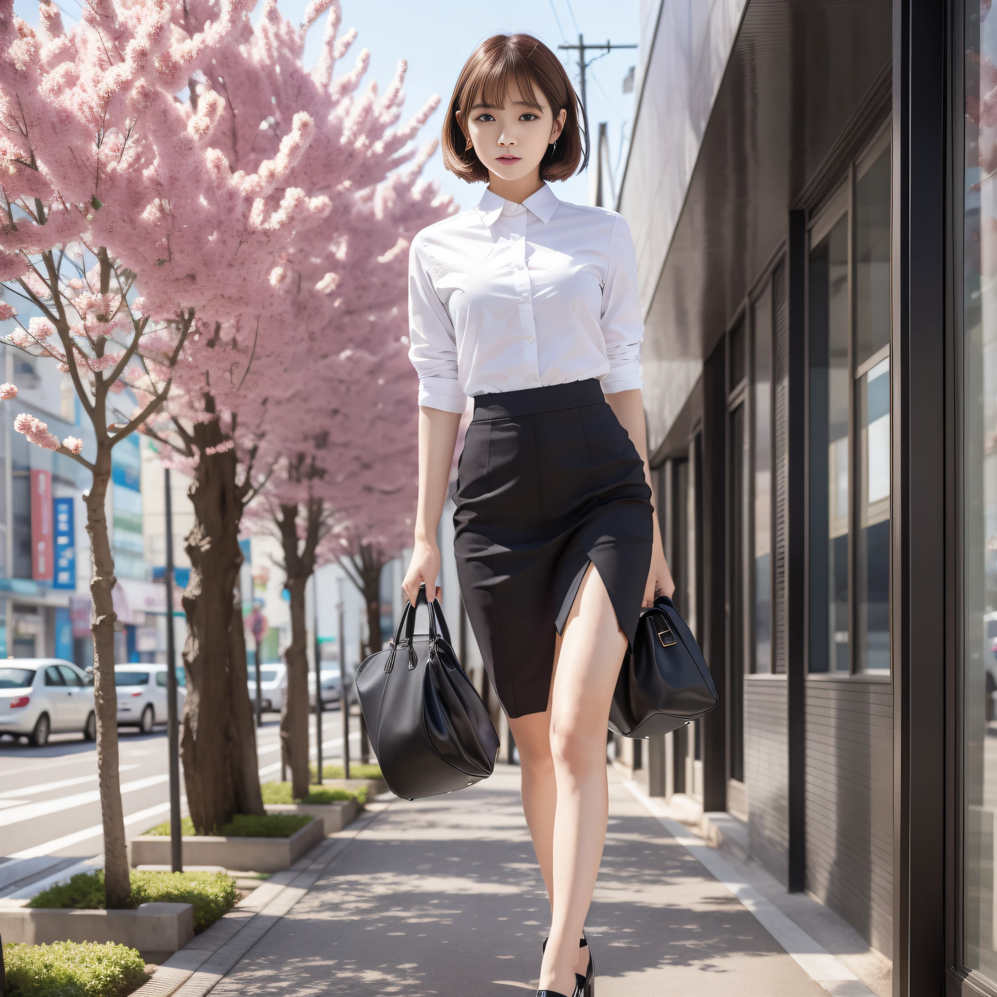 OL Uniform Arafe Woman Posing for Photo, Slim Girl Model Photo, Physical: Tinyest Midliff Ever, Female Model, Japan Female Fashion Model, Sakura Miyawaki, LE SSERAFIM, (8k, RAW Photo, Best Quality, Masterpiece: 1.2), (Realistic, Photorealistic: 1.37), Ultra Detailed, Ultra High Resolution, Summer, Office District, Standing Figure, Full Body,