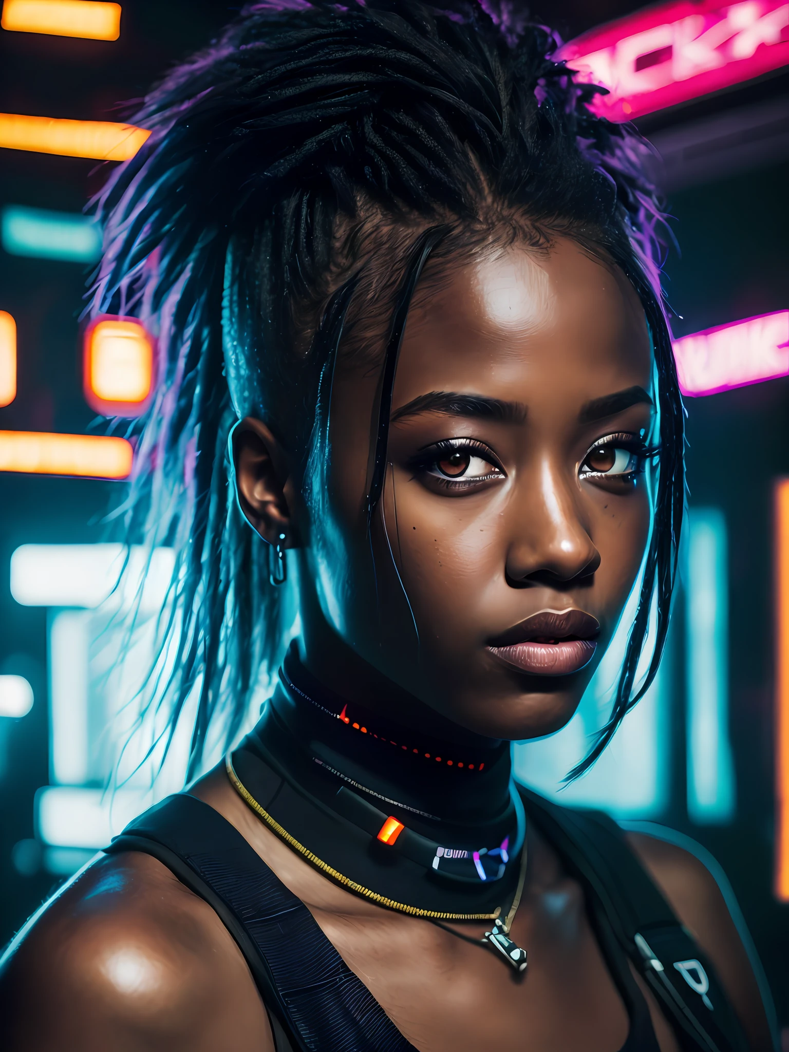 Crisp macro quality, approximate portrait, of brutal cyberpunk black woman, in cyberpunk neon room, rough skin, looking at a camera, bright eyes, 25 years old, cinematic, faded colors, dark shot, soft colors, grainy film, lut, scary