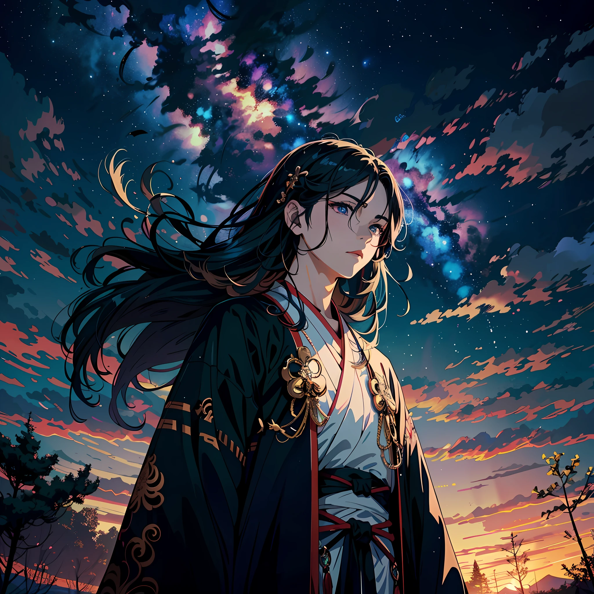 Anime boy standing in front of the sky with long hair and black robe, anime style 4 k, anime wallpaper 4 k, anime wallpaper 4k, anime art wallpaper 8k, 4k anime wallpaper, anime art wallpaper 4k, anime art wallpaper 4k, beautiful anime portrait, 4k manga wallpaper, demon killer rui fan art, beautiful anime, demon slayer art style