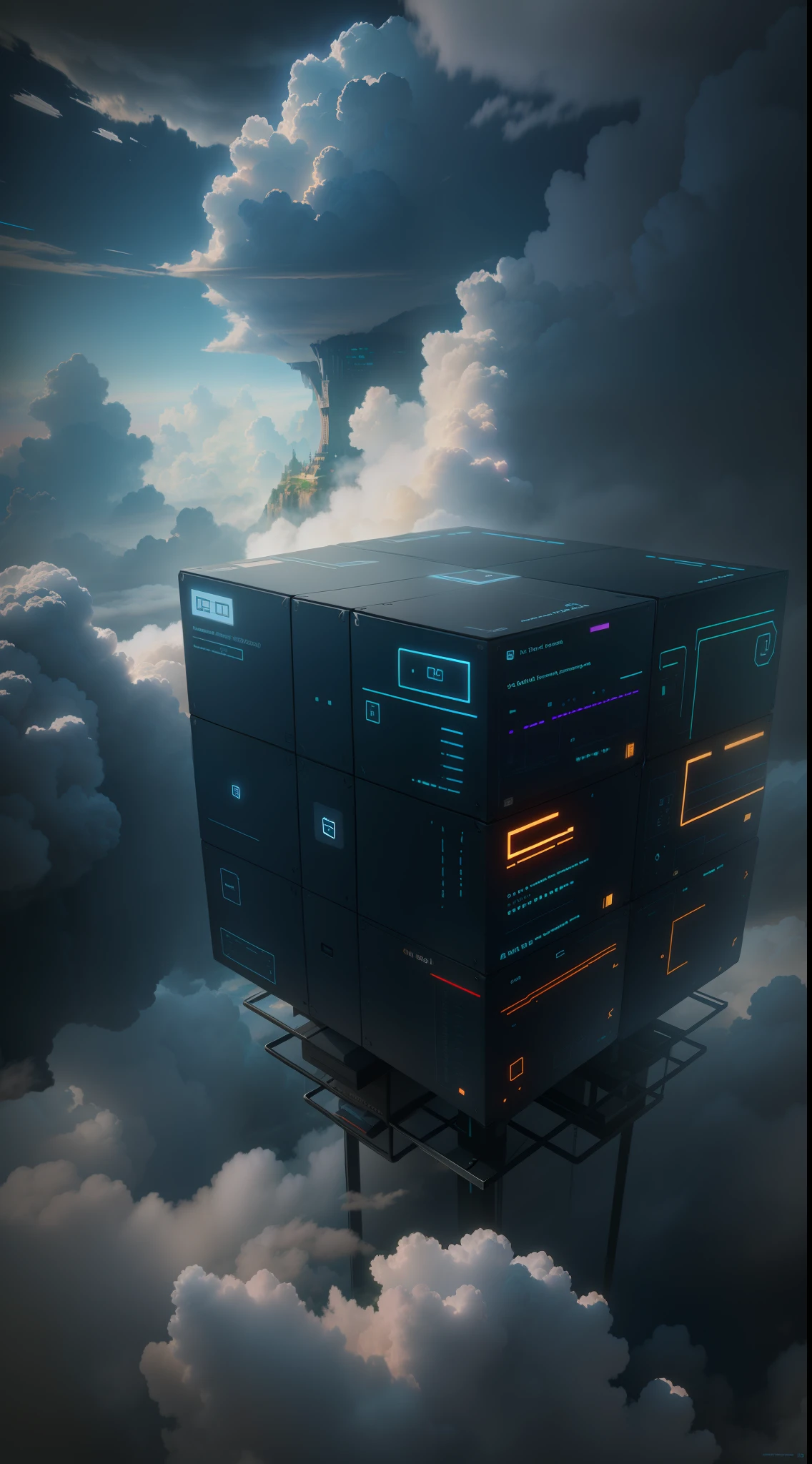 In the clouds stands a black cube database, below the clouds is a torrent of data, technological, 3D, realistic, realistic, cinematic lighting effects, superb detail, digital photography --s 2