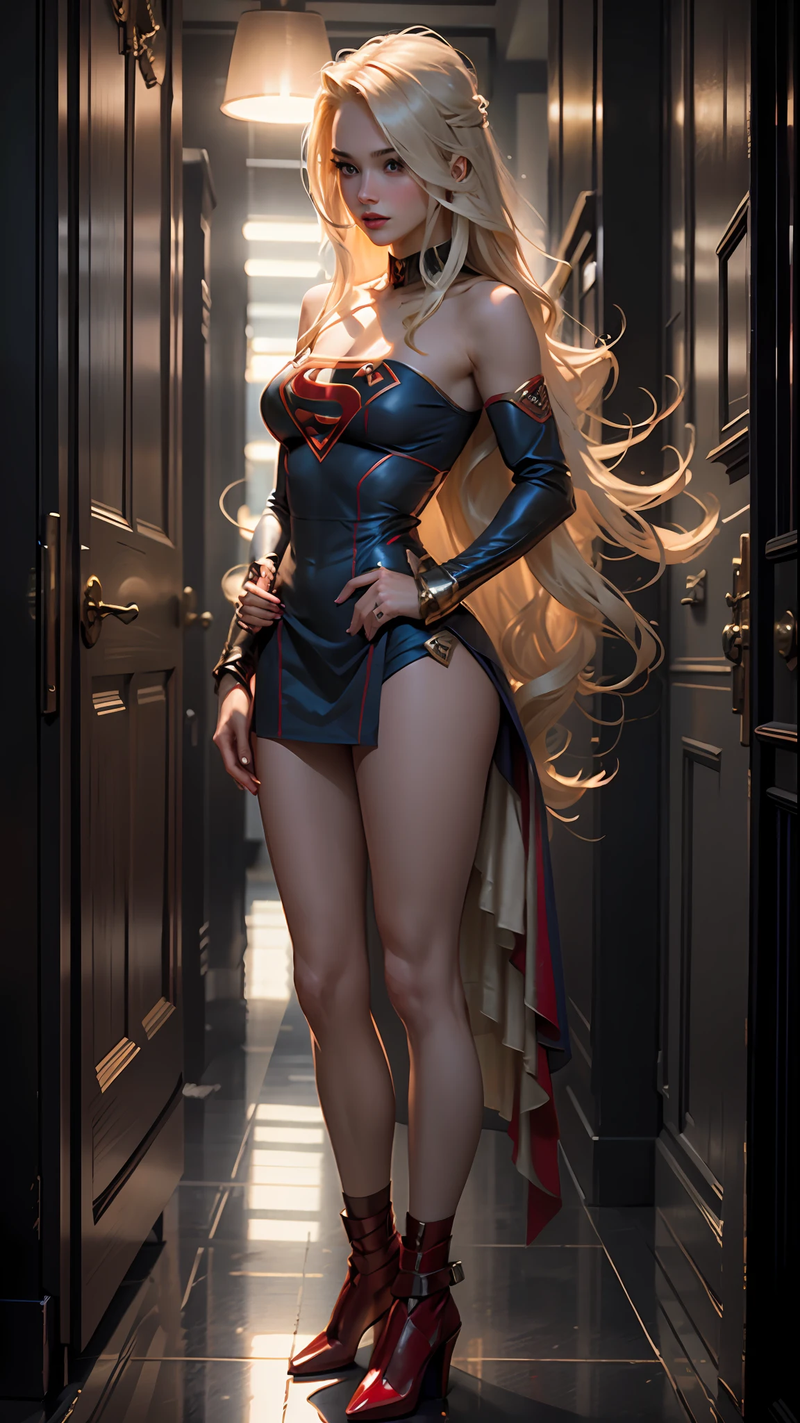 Supergirl, 20 years old, Beautiful woman long blonde hair,voluminous hair,loose hair,long blonde hair,straight hair,defined body, big breasts, big breasts, big breasts,red lipstick, wearing sexy short tube dress,Supergirl cosplay,does not wear cover,lace garter and sock,red carpet, night, olofotes lighting up Supergirl, full body
