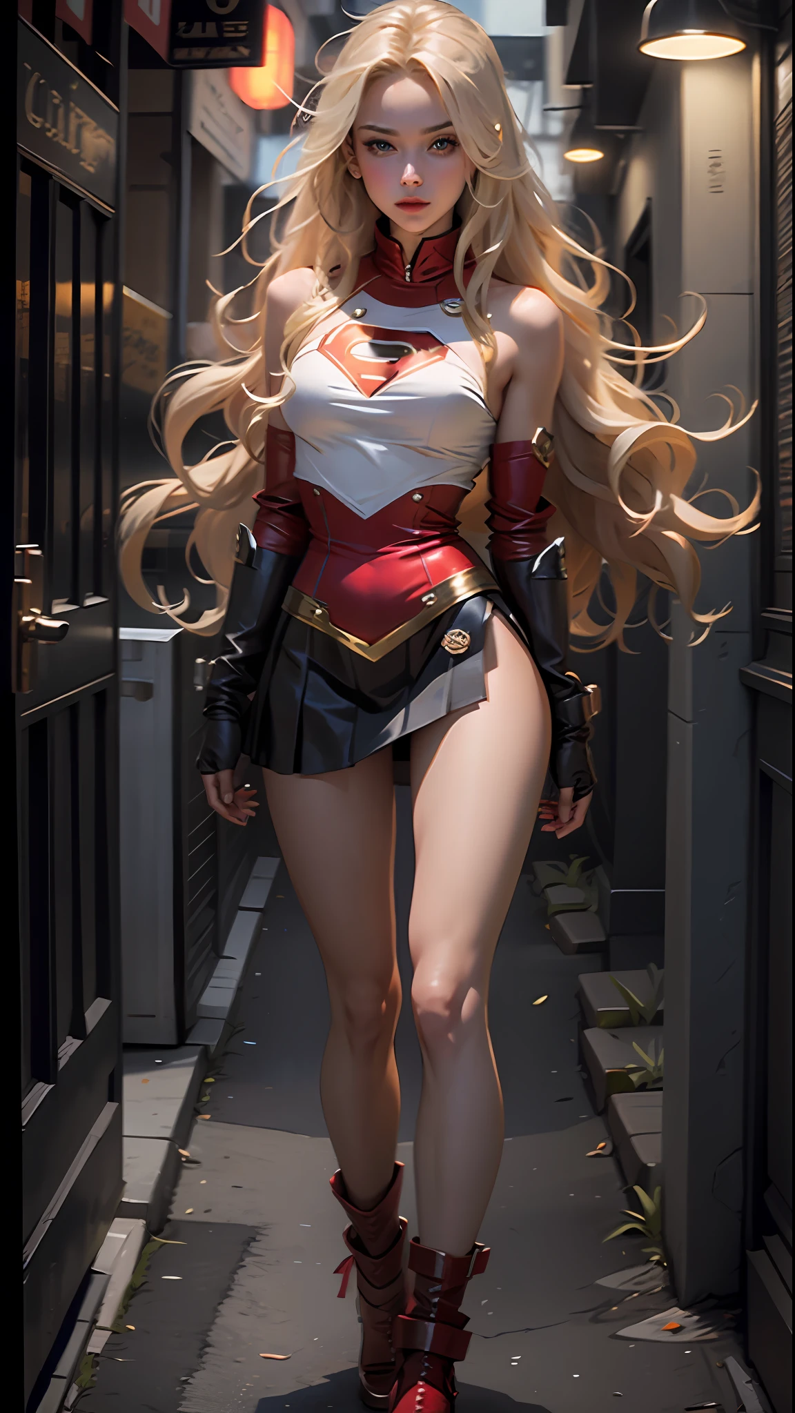 Supergirl, 20 years old, Beautiful woman long blonde hair,voluminous hair,loose hair,long blonde hair,straight hair,defined body, big breasts, big breasts, big breasts,red lipstick, wearing sexy short tube dress,Supergirl cosplay,does not wear cover,lace garter and sock,red carpet, night, olofotes lighting up Supergirl, full body