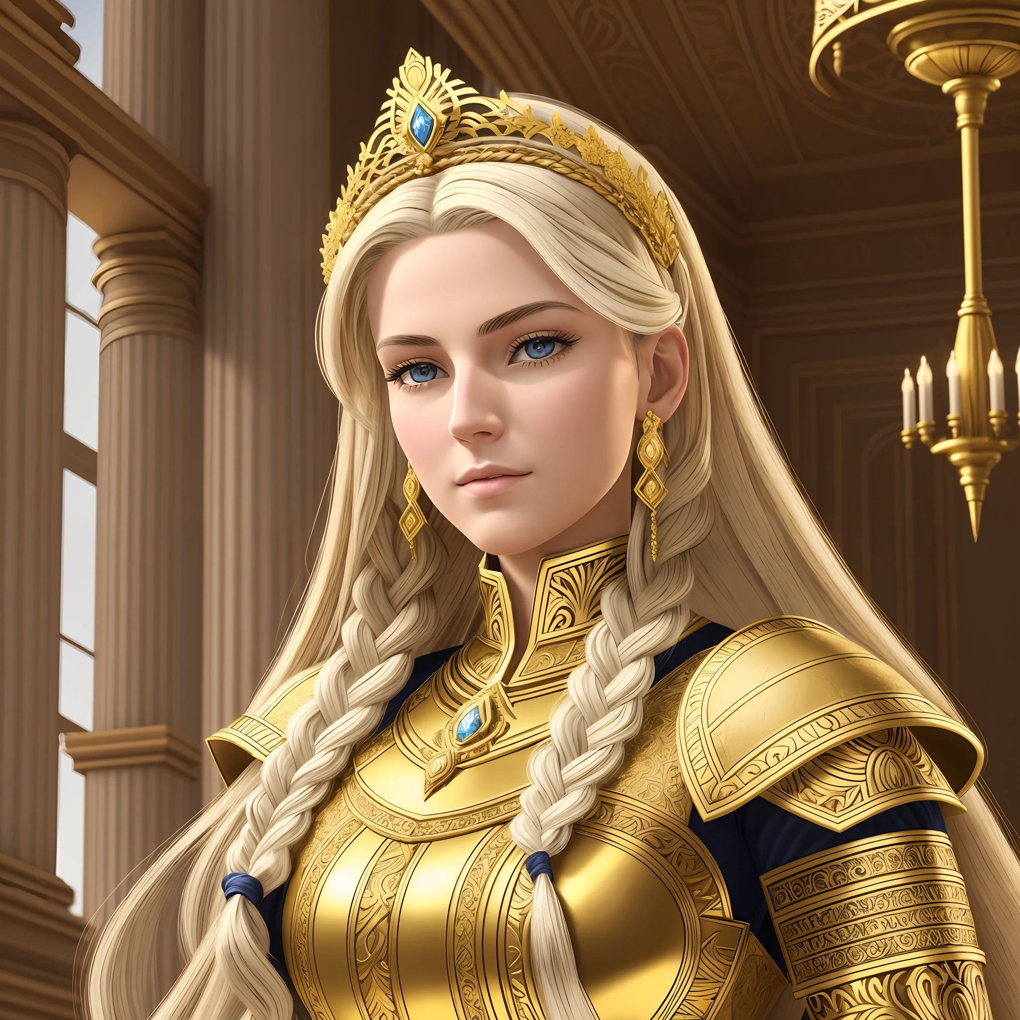 The ultra-realistic image of a woman, 30 years old. She is a Victorian-era empress. She has white skin and blonde hair, with a few braids. She is wearing full plate armor of golden color. The armor has a sun symbol on the chest. She has a serious and imposing look. She has a small golden tiara on her head. The background is her palace interior, with marble columns. --auto --s2