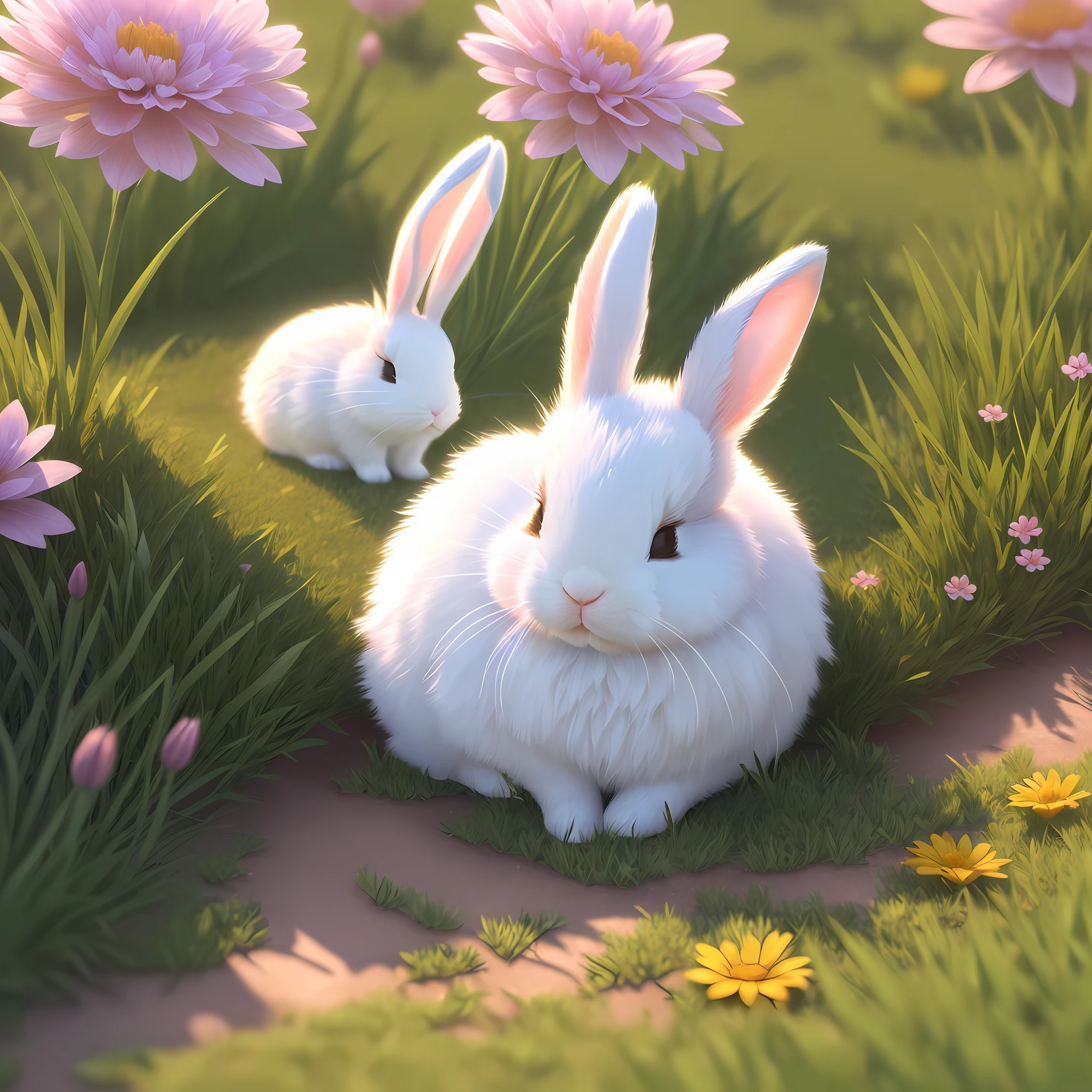 (extremely detailed CG unity 8k wallpaper,masterpiece, best quality, ultra-detailed),(best illumination, best shadow, an extremely delicate and beautiful),(cute bunny),(sleeping),(beautiful grass),(clouds),(colorful flowers)
