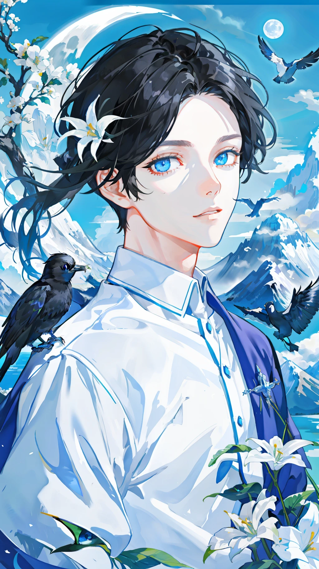 Boy, black hair, blue eyes, white eyelashes, mountain, flower, sea, moon, bird, 4k, masterpiece, ultimate picture quality, close-up