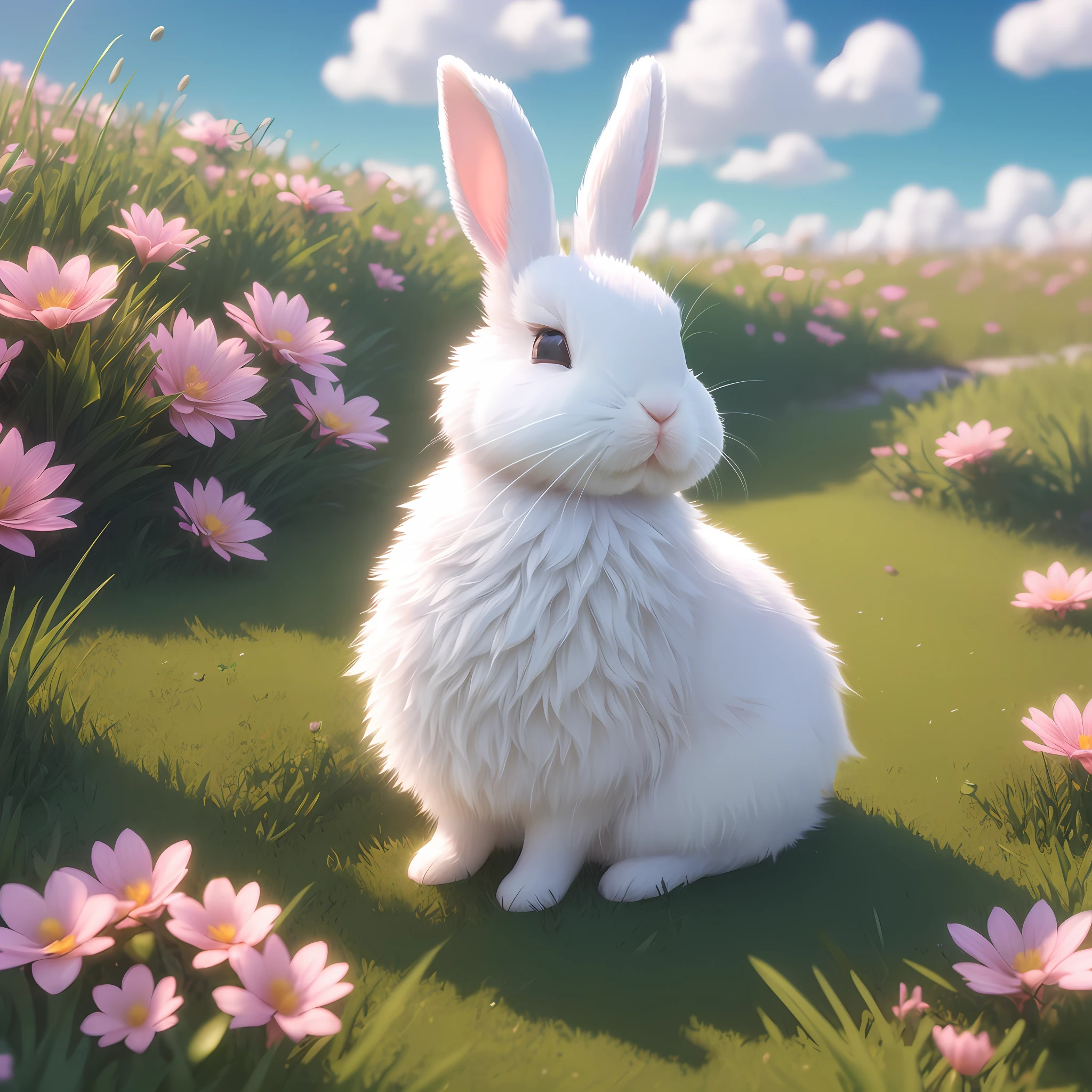 (extremely detailed CG unity 8k wallpaper,masterpiece, best quality, ultra-detailed),(best illumination, best shadow, an extremely delicate and beautiful),(cute bunny),(sleeping),(beautiful grass),(clouds),(colorful flowers)