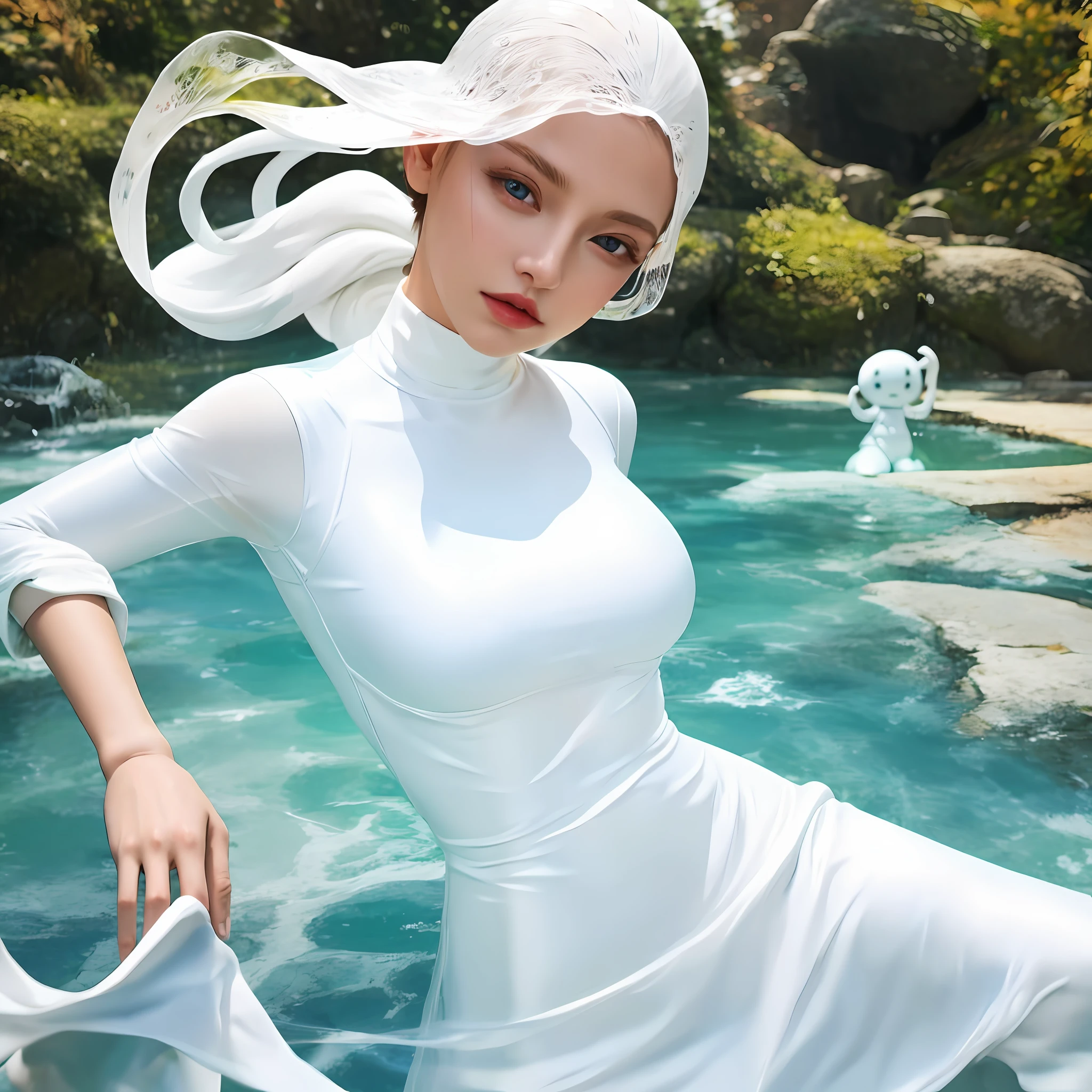 Waterbender, white clothes, latex, woman, milk, white gooey dolls