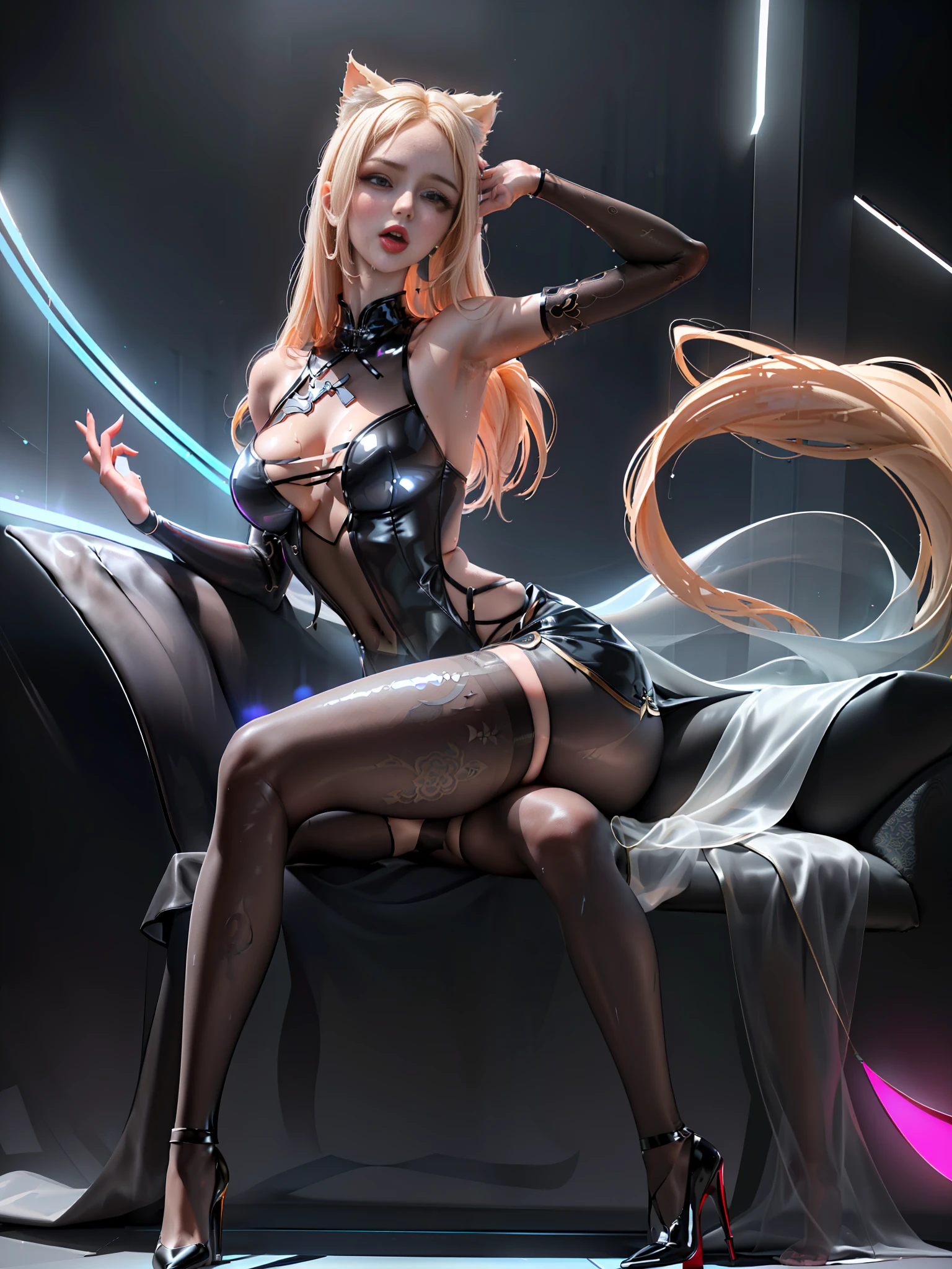 (only two legs, only two hands) (Cyberpunk background: 1.5) (transparent clothes, high-gloss transparent stockings, transparent black tulle cheongsam illuminated by cyberpunk style lights, transparent clothes, looming transparent black tulle cheongsam, painting style, (sitting) 1 girl, hands raised, forearms raised up, forearms behind her to hold scattered hair, bare red armpits full of sweat, white-blond hair was held behind her head, Fleshy thighs tightened by black suspender stockings, huge breasts. Seductive expression, sticking out tongue to lick lips, wet clothes, wet body, wet body, sexy face, looming, looming breasts, ahri (k/da), ahri, ((full body photo)), sitting in a chair, (body facing the viewer) legs crossed, soles facing the viewer, high heels in red soles, ahri (k/da), transparent black tulle cheongsam with translucent bikini inside, intricate patterns on transparent clothes, portrait, masterpiece, best quality, (Very detailed CG unity 8k wallpaper, super detailed, best quality), (detailed background), (beautiful detail face), high contrast, (best lighting) (pixiv)