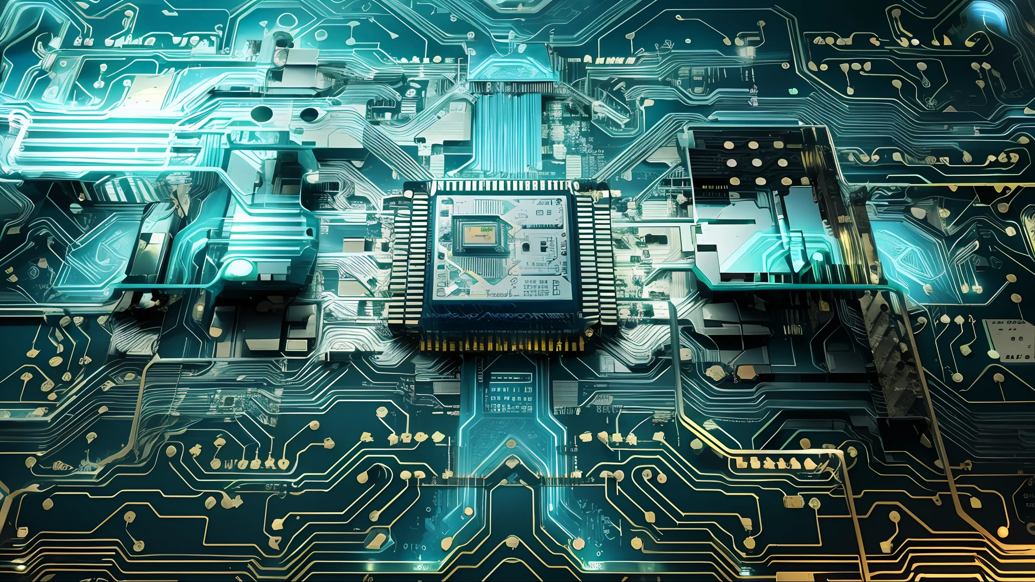 a close up of a computer circuit board with a clock on it, quantum computing, quantum processor, quantum technology, neuromorphic chip, electronic circuitry, quantum computer, integrated circuit, computer chips, cyber architecture, motherboard circuitry, the coming ai singularity, circuitry, portrait of computer & circuits, strong artificial intelligence