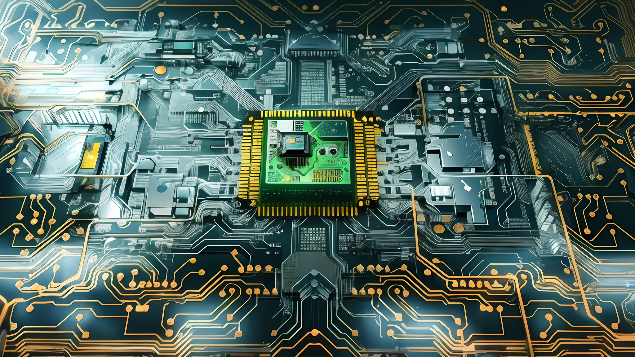 a close up of a computer circuit board with a clock on it, quantum computing, quantum processor, quantum technology, neuromorphic chip, electronic circuitry, quantum computer, integrated circuit, computer chips, cyber architecture, motherboard circuitry, the coming ai singularity, circuitry, portrait of computer & circuits, strong artificial intelligence