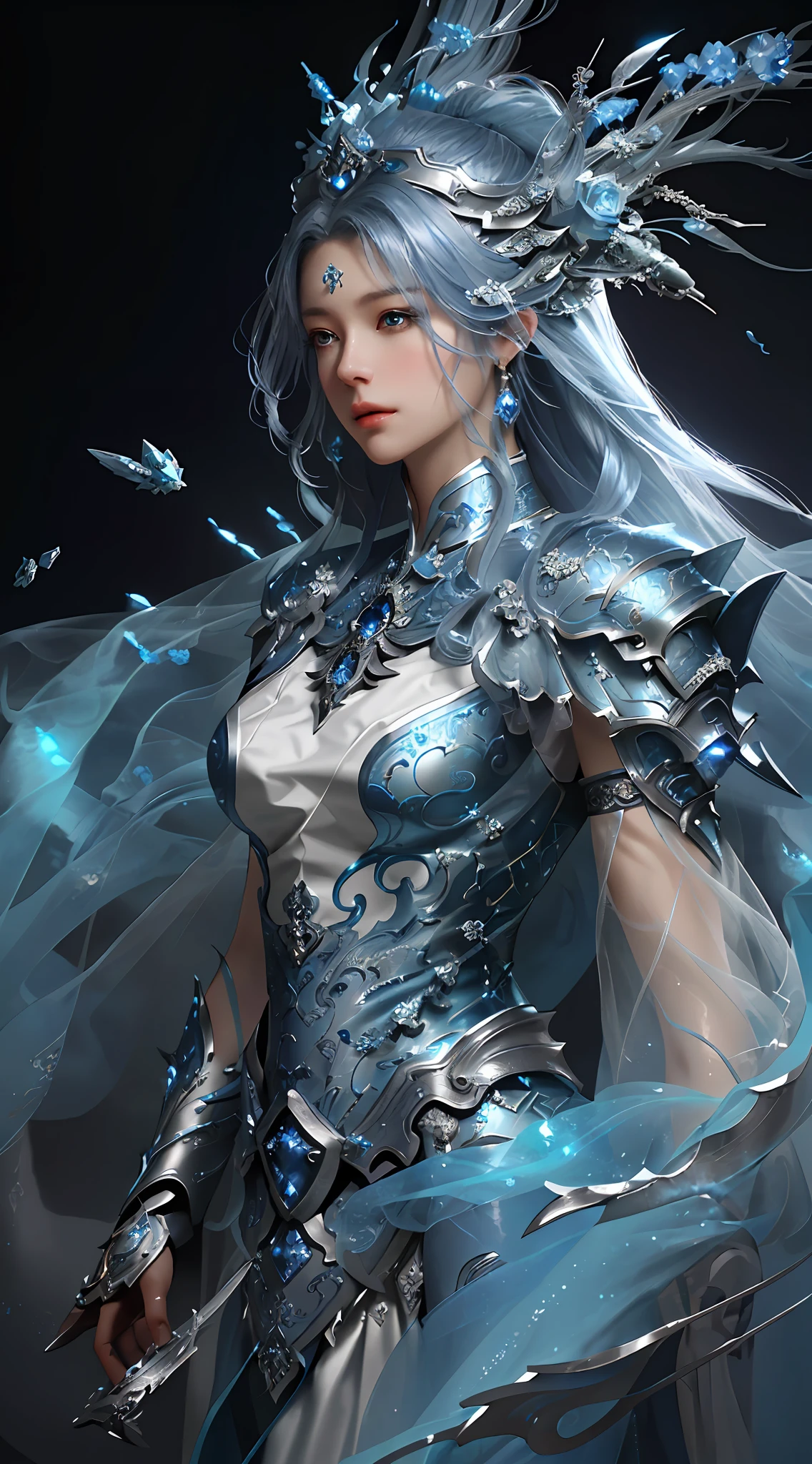 a close up of a woman in a silver and blue dress, chengwei pan on artstation, by Yang J, detailed fantasy art, stunning character art, fanart best artstation, epic exquisite character art, beautiful armor, extremely detailed artgerm, detailed digital anime art, artgerm on artstation pixiv, armor girl