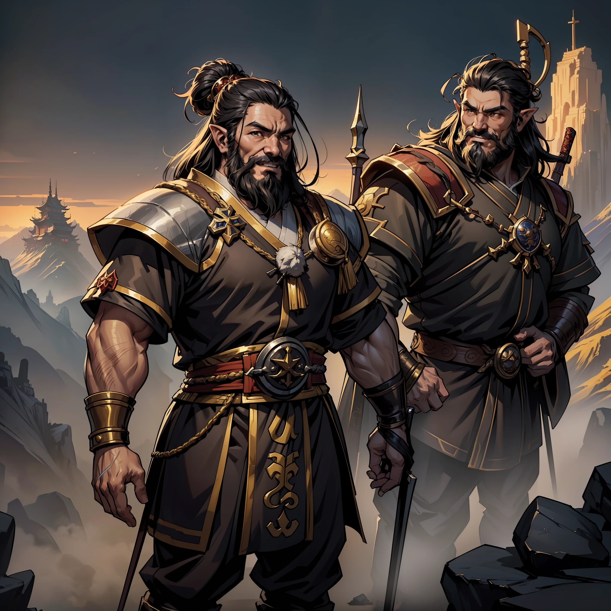 (extremely detailed 8k wallpaper:1.2), (best quality:1.2), (adventure and fantasy theme), profile (Paizo Pathfinder RPG character and Dungeons & Dragons), (man) (((dwarf race)))), young, strong, fat, sharp focus, (subsurface scattering:1.1), award-winning photography, ((Cleric-Class:1.3)), ((half-body shot:1.1)), centered face, Asian face, long black hair in samurai bun, black eyes:1.2, Chinese eyes:1.3, black beard, Chinese, smiling, wearing golden Chinese sacred robes, war hammer in hand, (standing on oriental background landscape:1.3), (very detailed background:1.2),dramatic lighting, SFW