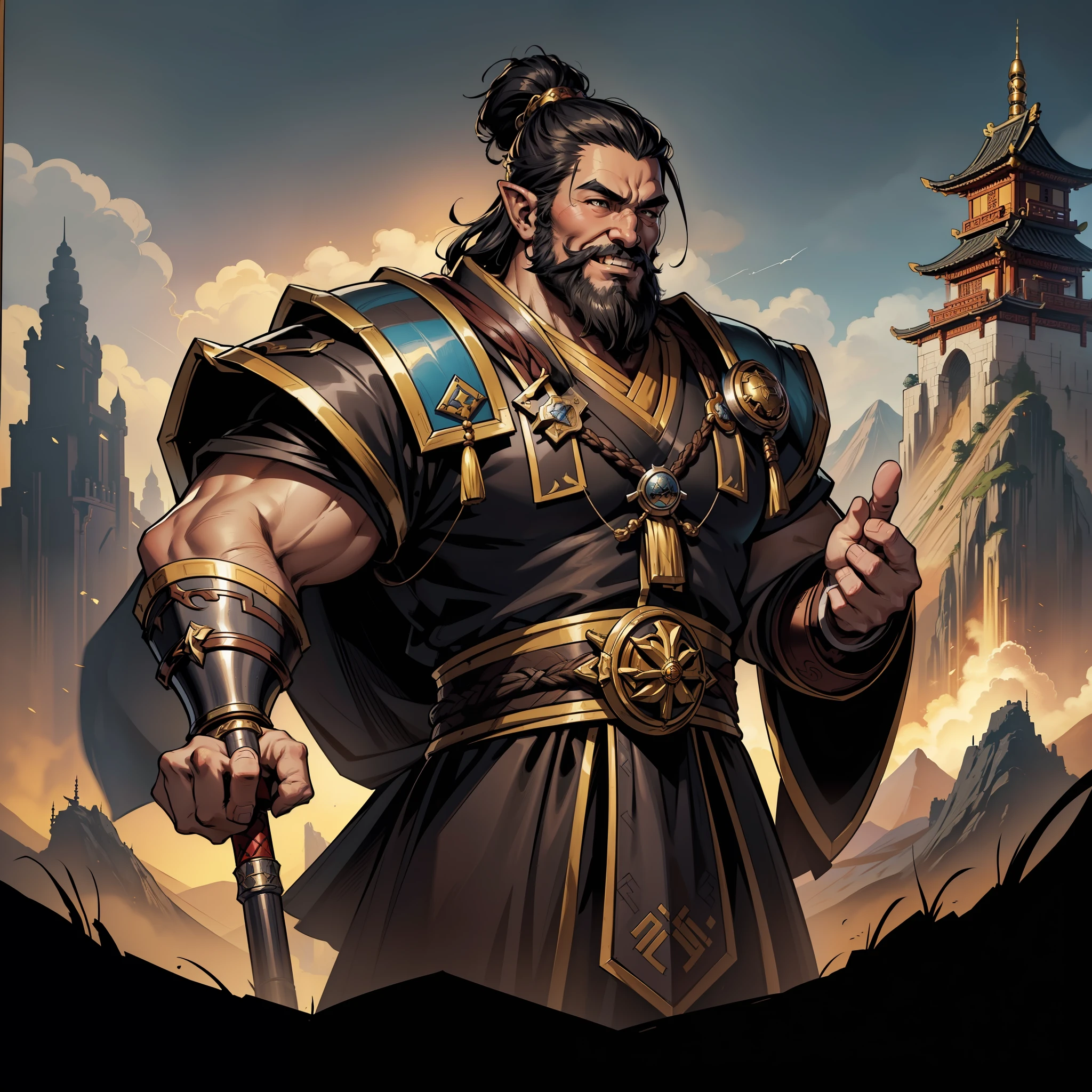 (extremely detailed 8k wallpaper:1.2), (best quality:1.2), (adventure and fantasy theme), profile (Paizo Pathfinder RPG character and Dungeons & Dragons), (man) (((dwarf race)))), young, strong, fat, sharp focus, (subsurface scattering:1.1), award-winning photography, ((Cleric-Class:1.3)), ((half-body shot:1.1)), centered face, Asian face, long black hair in samurai bun, black eyes:1.2, Chinese eyes:1.3, black beard, Chinese, smiling, wearing golden Chinese sacred robes, war hammer in hand, (standing on oriental background landscape:1.3), (very detailed background:1.2),dramatic lighting, SFW