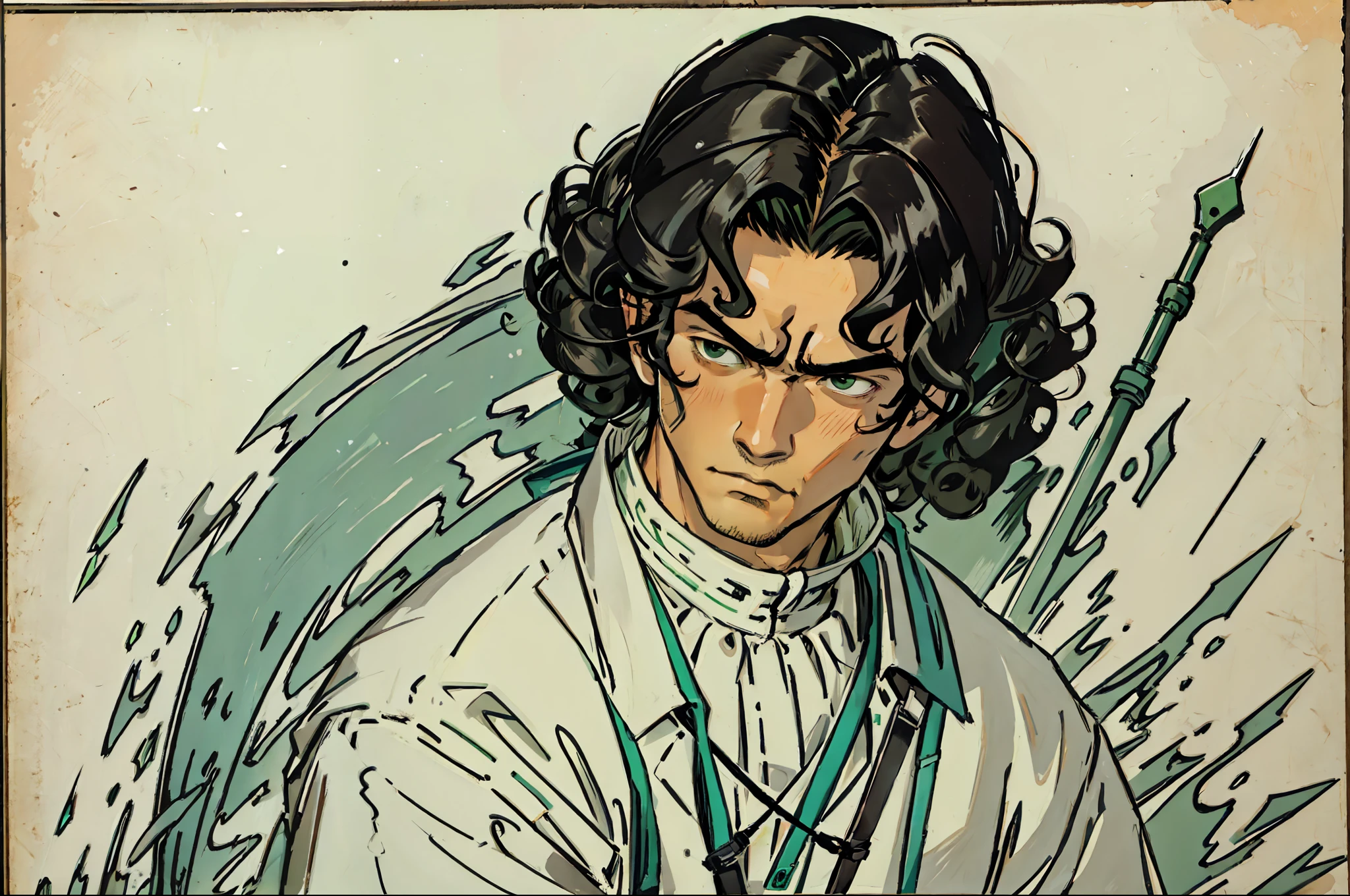 masterpiece, best quality, ((1man)),curly black hair, serious expression,line art,white and green clothes,hair on face