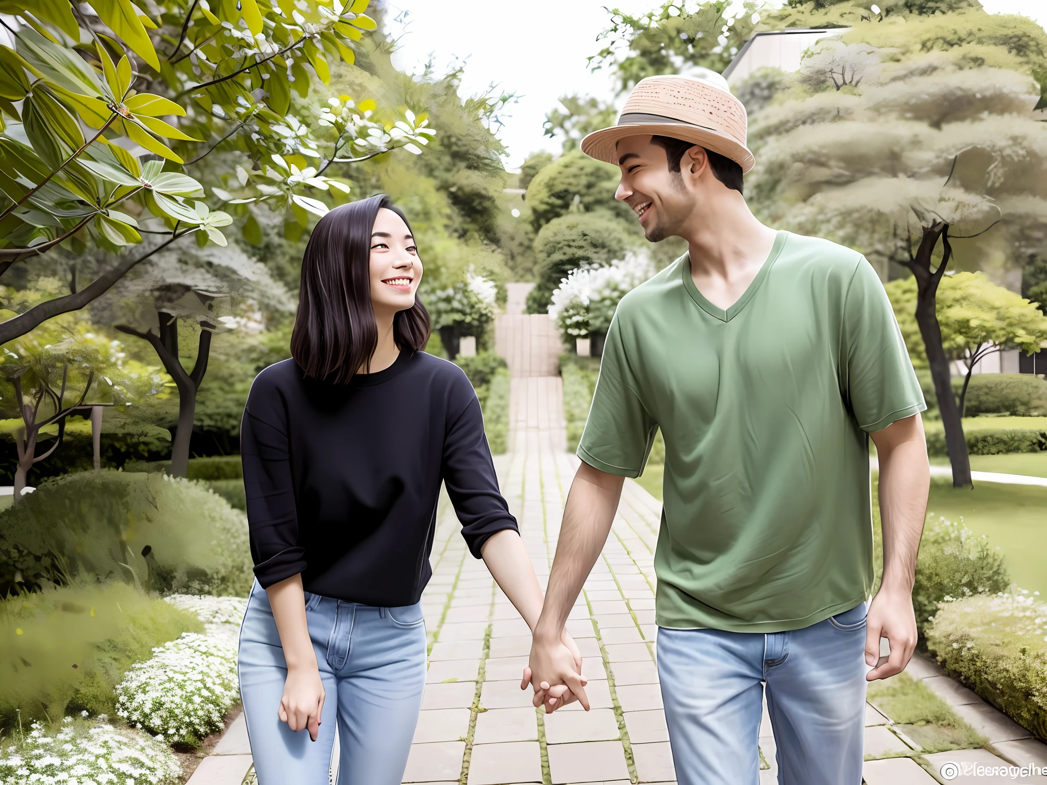 arafed couple holding hands and walking in a park, wikihow, wikihow illustration, looking at each other mindlessly, realistic picture, in a scenic background, holding hand, really realistic, touching, smiling at each other, holding hands, realistic cartoon, how to, unknowingly walking over you, very realistic, rotoscoped, desenho