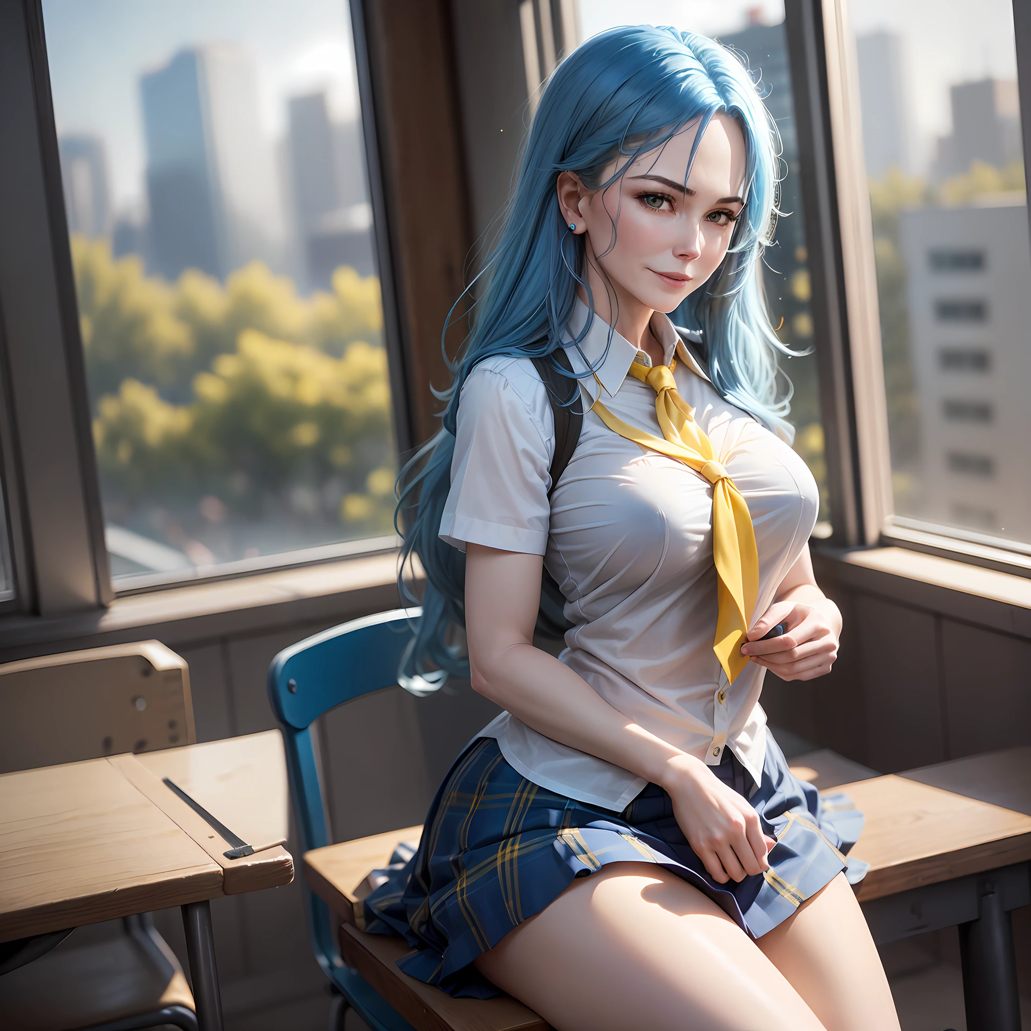 AGMM, 1girl, (Nicole Kidman, blue hair, Yellow_Skin, Colored_Skin:1.2), wearing wet school uniform, large breasts, reveal, cover, skirt, thighs. inside the building, classroom, sun rays, bokeh, sparkles, night, smile, sexy smile, --auto --s2