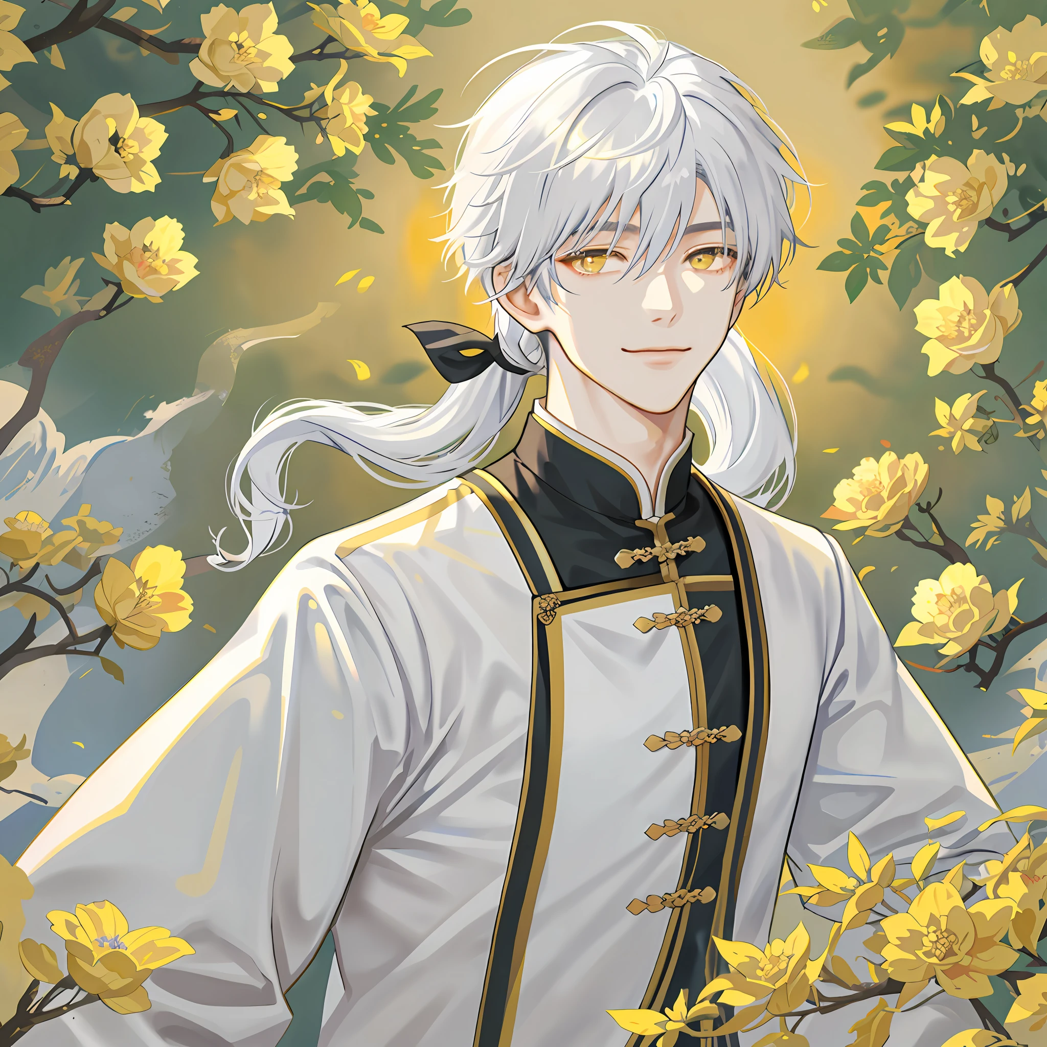 jing yuan(hsr), hair over one eye, 1boy, long hair, white hair, closed mouth, solo, upper body, looking at viewer, smile, male focus,  yellow eyes , muscular male,