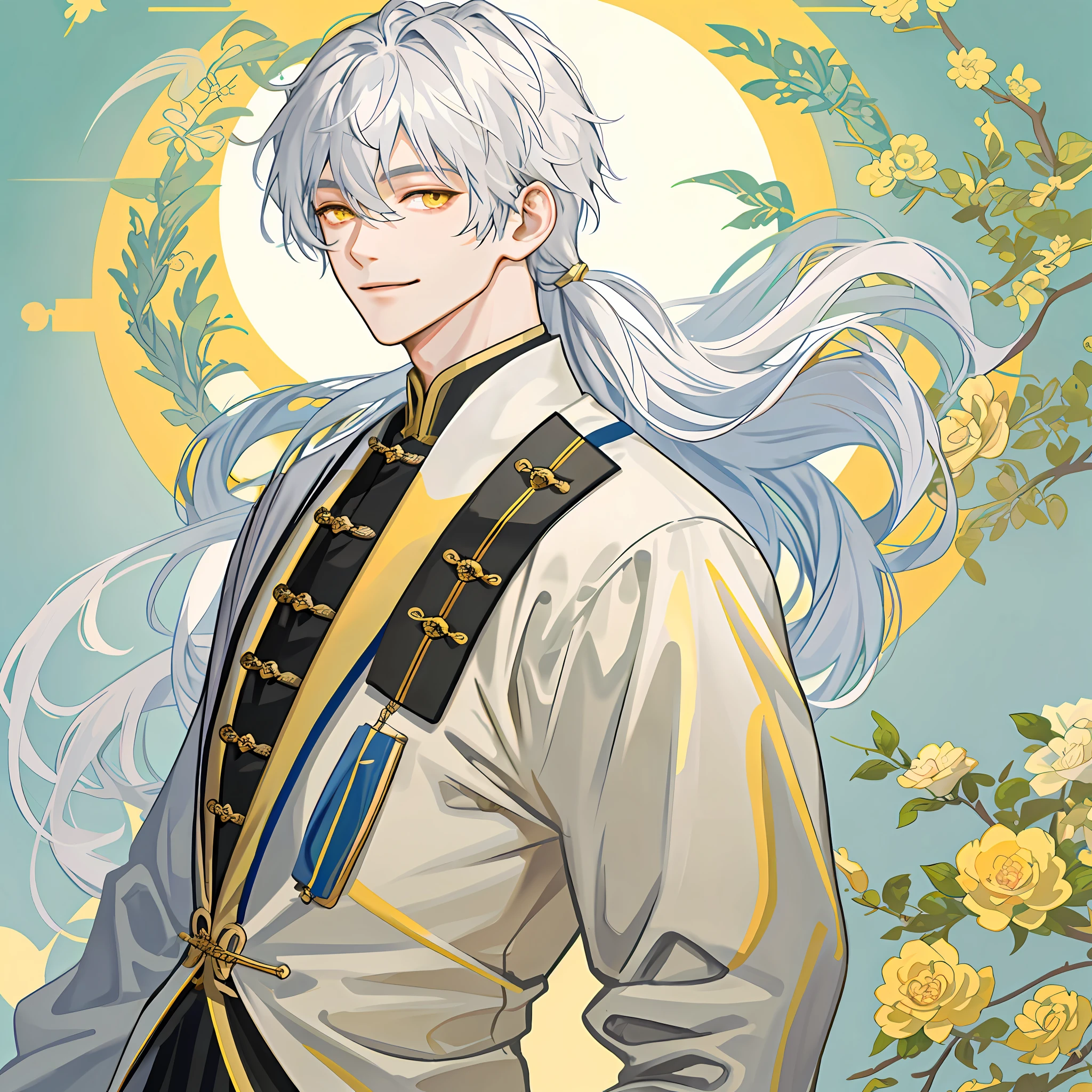 jing yuan(hsr), hair over one eye, 1boy, long hair, white hair, closed mouth, solo, upper body, looking at viewer, smile, male focus,  yellow eyes , muscular male,