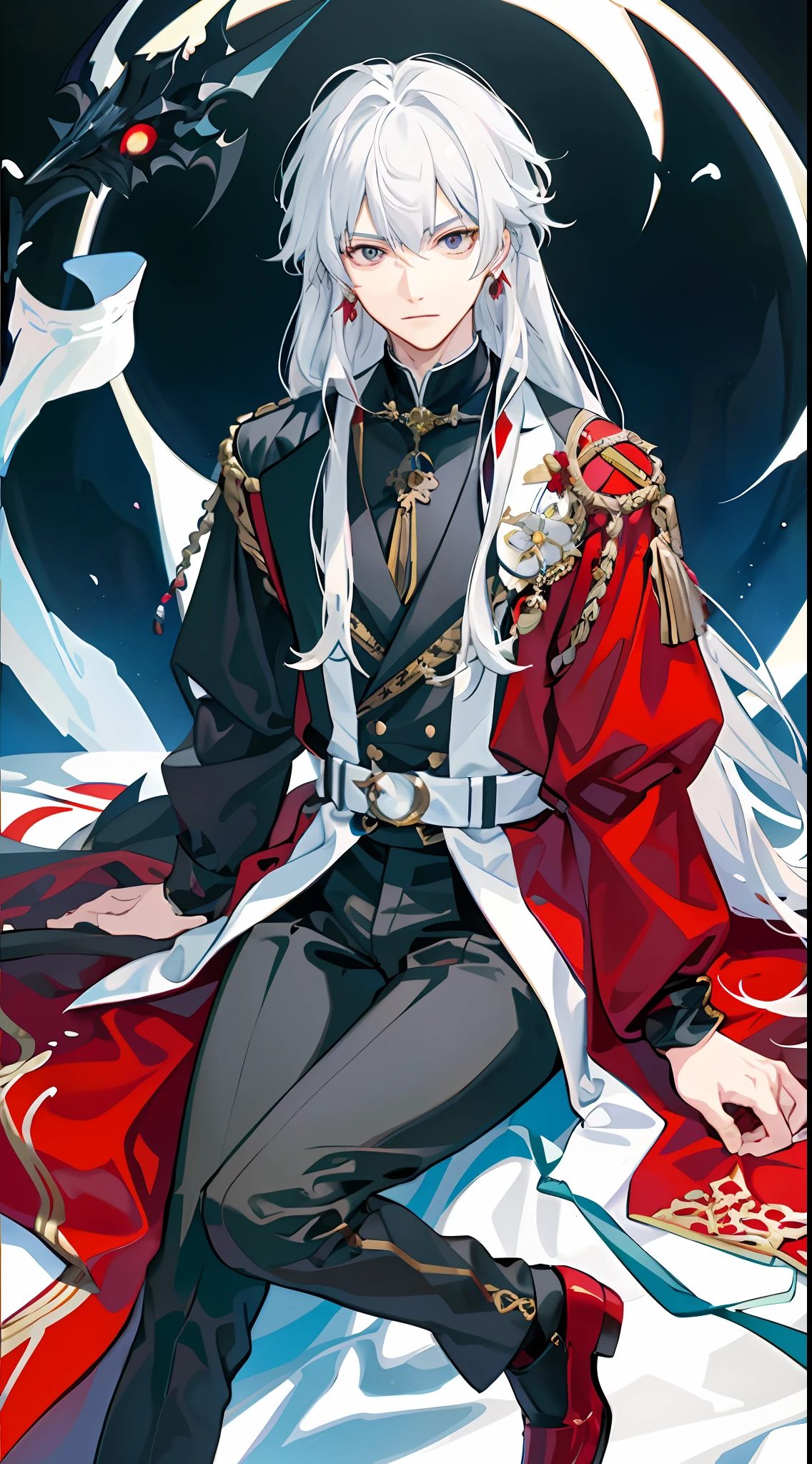 Anime - Style image of a man in a red coat and black pants, white-haired god, beautiful male Shinigami, Shigenori Sojima illustration, Arukad, beautiful androgynous prince, from the night of the ark, (in noble robes)), from Girl Front, Zero Zen art, detailed key anime art, royal costume aki, detailed anime character art, extreme picture quality, masterpiece, 4k