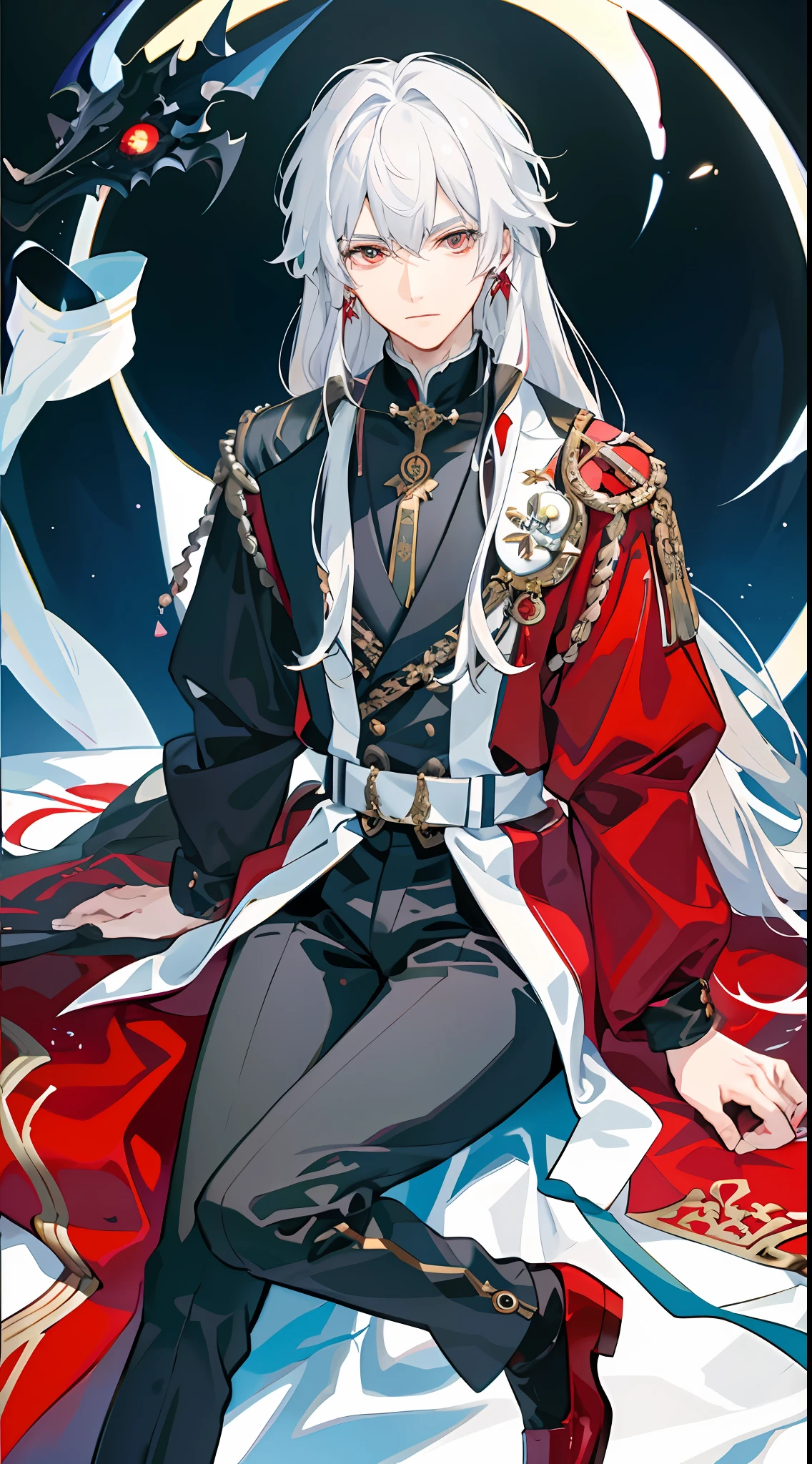 Anime - Style image of a man in a red coat and black pants, white-haired god, beautiful male Shinigami, Shigenori Sojima illustration, Arukad, beautiful androgynous prince, from the night of the ark, (in noble robes)), from Girl Front, Zero Zen art, detailed key anime art, royal costume aki, detailed anime character art, extreme picture quality, masterpiece, 4k