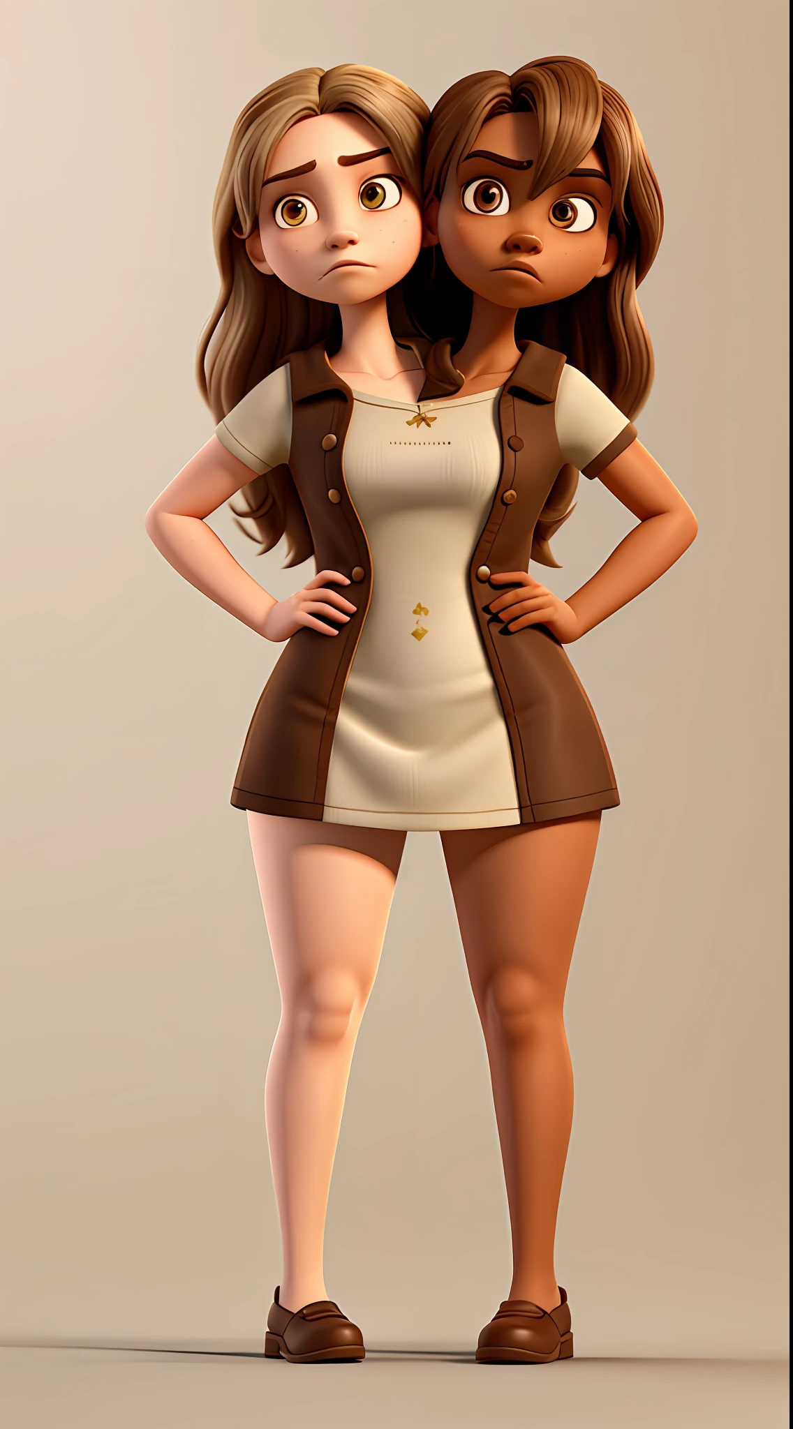 A woman with two heads attached to her body, pale and brown skin tones fused together down the middle, hands on hips, brown dress, angry, glaring at each other