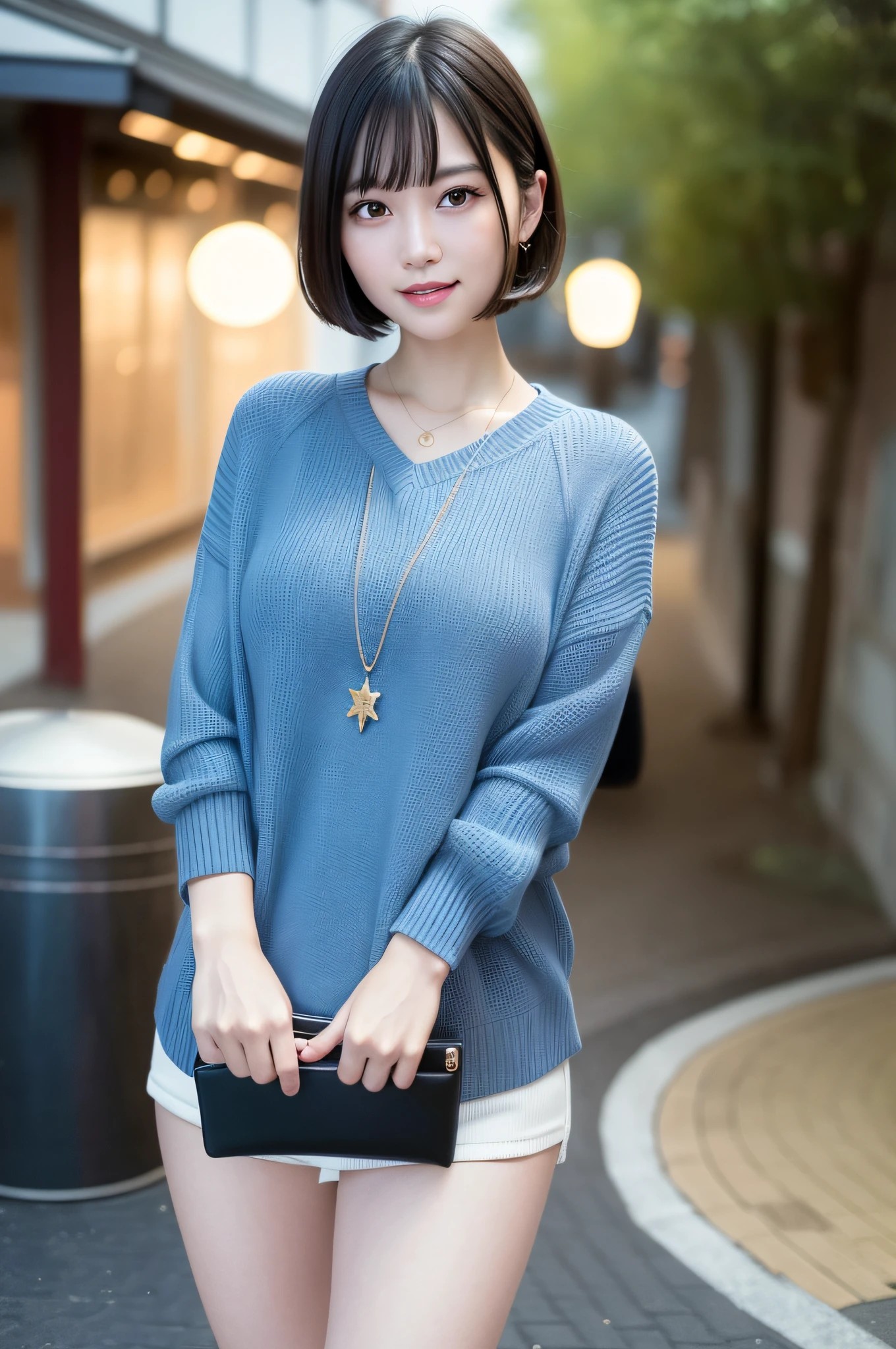 (RAW Photos: 1.2), (Photorealistic: 1.4), (Best Quality: 1.4), Ultra High Resolution, (Detailed Eyes), (Detailed Facial Features), (Detailed Clothing Features), HDR, 8K Resolution, Solo Focus, Bangs, Skin Tightening, (Slender Girl), Dreamy, Japan Person,
(ultra-fine illustration), landscape, no text,
medium breast, straight hair, short hair, dark hair, dark eyes,
One girl, full body, background is night park,
Fish pendant,
light blue tight sweater,
cute, sexy,
(smile),