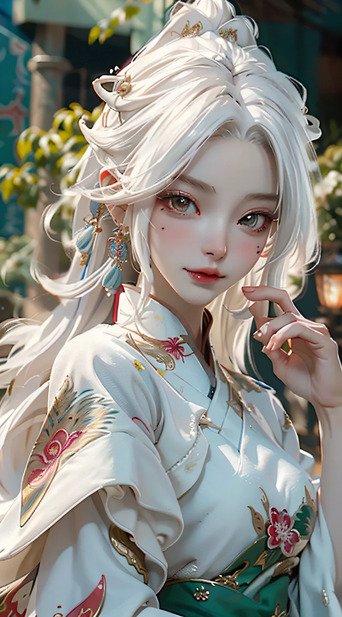 Masterpiece, best quality, making friends with Chinese dragon, funny, happy, bright, dragon, close-up of a woman with white hair and white mask, beautiful figure painting, guviz, guviz style artwork, white-haired god, Yang J, epic exquisite character art, amazing character art, fan qi, wu zhun shifan, guwiz in pixiv art station