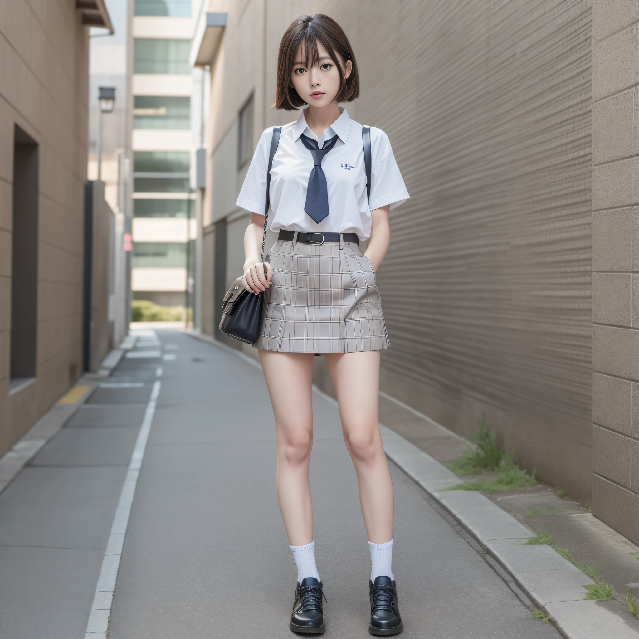 girl, slim girl model photo, physical: Tinyest mid-life ever, female model, Japan female fashion model, Sakura Miyawaki, LE SSERAFIM, (8k, RAW photo, best quality, masterpiece: 1.2), (realistic, photorealistic: 1.37), ultra detail, ultra high definition, summer, school, standing, full body,