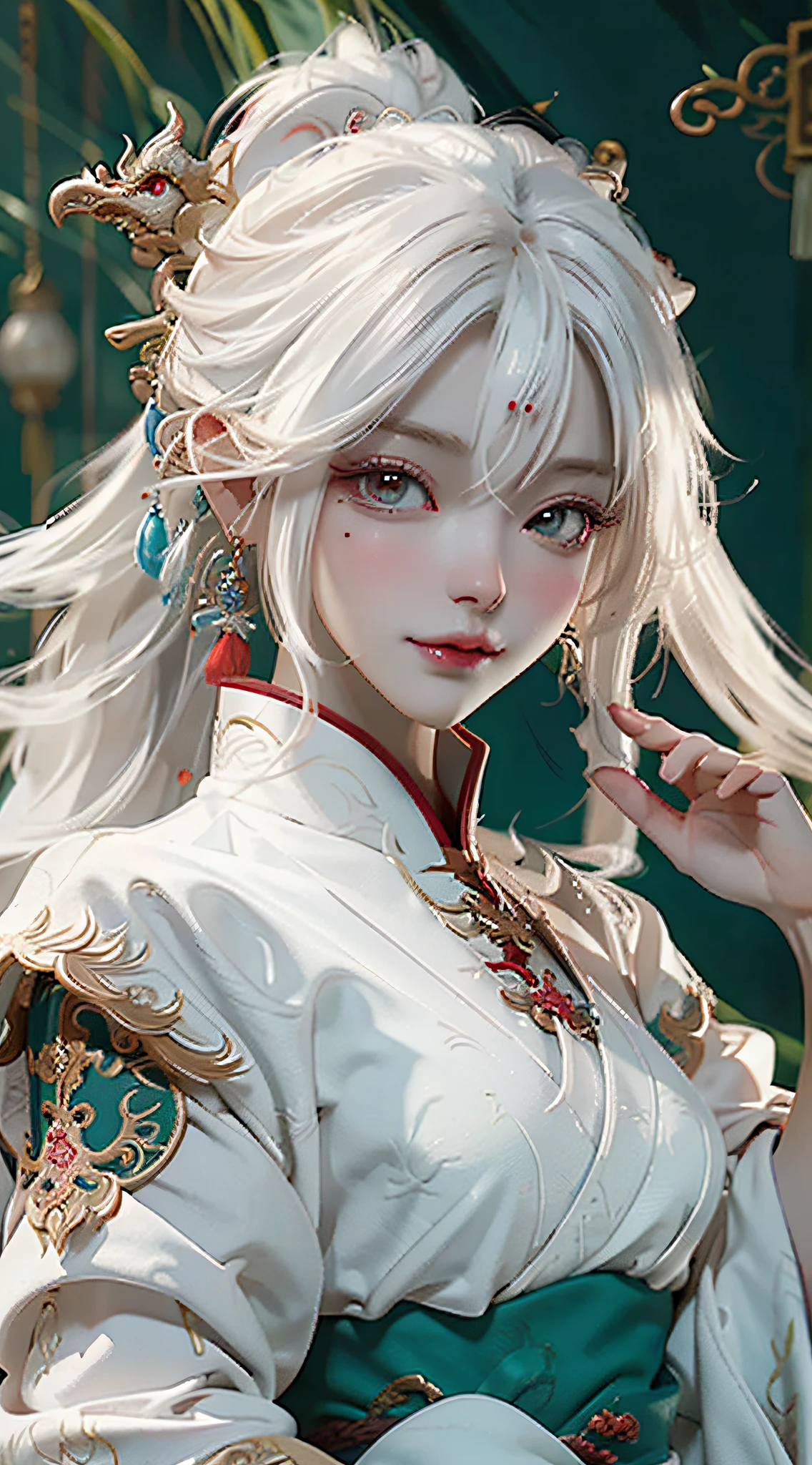Masterpiece, best quality, making friends with Chinese dragon, funny, happy, bright, dragon, close-up of a woman with white hair and white mask, beautiful figure painting, guviz, guviz style artwork, white-haired god, Yang J, epic exquisite character art, amazing character art, fan qi, wu zhun shifan, guwiz in pixiv art station