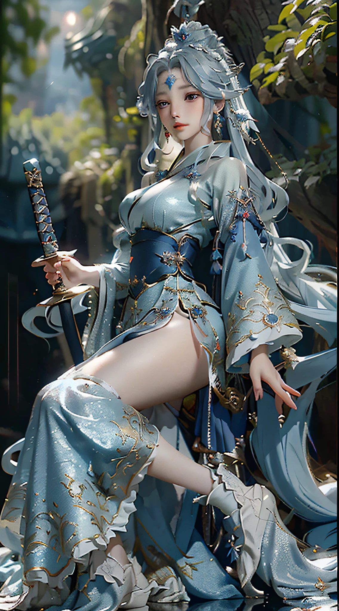 Sword girl in blue dress before the full moon, fairy tale fantasy, anime girl with long hair and blue skirt, beautiful girl with a crown ((a beautiful fantasy empress)), full body fairy swordsman, palace, girl in Hanfu, inspired by Lan Ying, fairy tale fantasy, fairy swordsman, Kurosawa Nishiya, beautiful figure painting