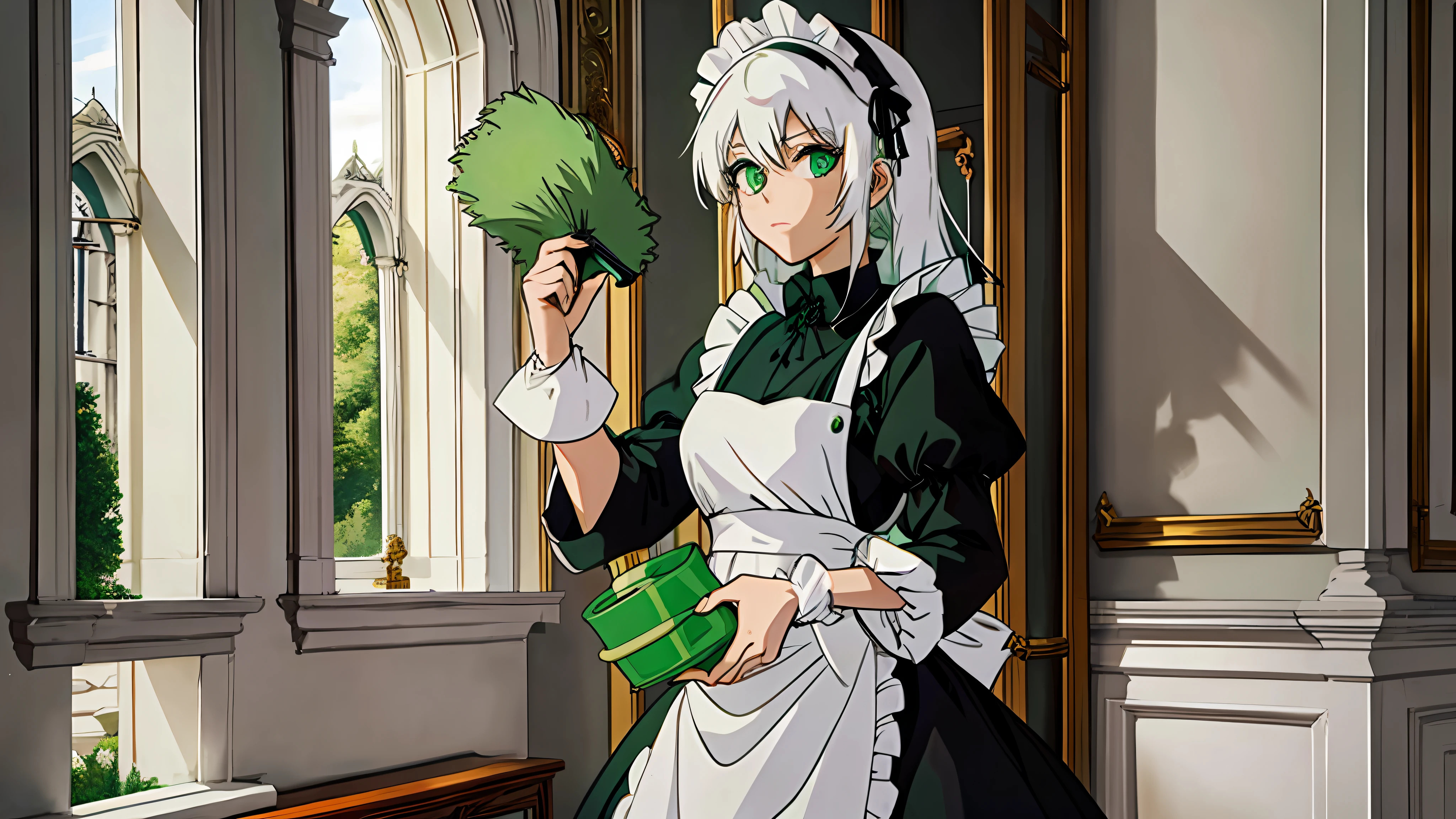 White-haired maid with green eyes, gothic costume, quietly cleaning in the castle