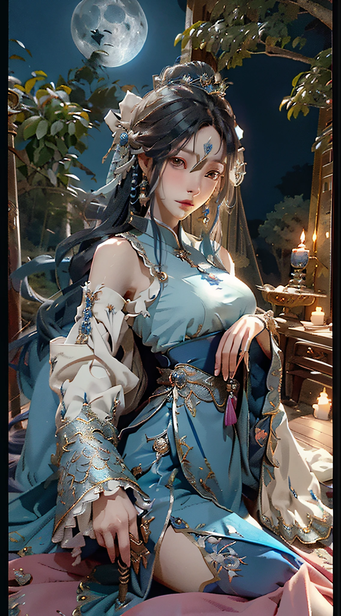 Sword girl in blue dress before the full moon, fairy tale fantasy, anime girl with long hair and blue skirt, beautiful girl with a crown ((a beautiful fantasy empress)), full body fairy swordsman, palace, girl in Hanfu, inspired by Lan Ying, fairy tale fantasy, fairy swordsman, Kurosawa Nishiya, beautiful figure painting