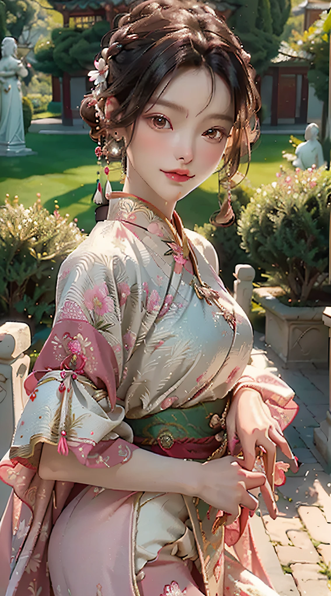 Best quality, masterpiece, most of the body, (background: garden), 1 girl, mature woman, chinoiserie, ancient China, sister, dancer, dark brown hair, dark hair, princess cut, twisted braid, curly hair, double ball head, coiled hair, streamer, pale pink lips, calm, intellectual, tassel, silver thread, beaded, peony flower, robe, silk skirt, embroidery, delicate face, close-up, light-colored clothes, pretty face, realistic, edge lighting, two-tone lighting, (high detail skin :1.2), 8K UHD, DSLR, Soft Light, High Quality, Photo, High Resolution, 4K, 8K, Background Bokeh, Lute, Headgear