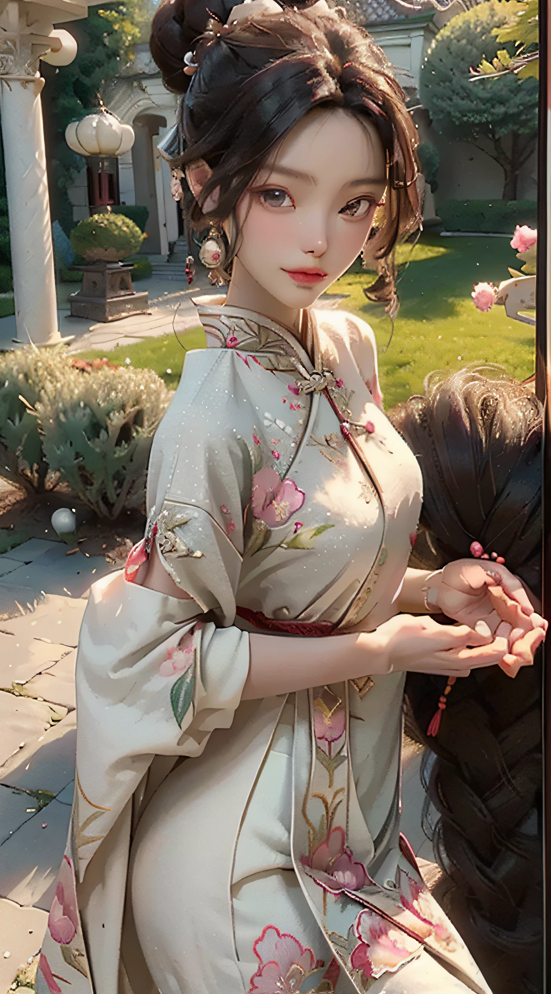 Best quality, masterpiece, most of the body, (background: garden), 1 girl, mature woman, chinoiserie, ancient China, sister, dancer, dark brown hair, dark hair, princess cut, twisted braid, curly hair, double ball head, coiled hair, streamer, pale pink lips, calm, intellectual, tassel, silver thread, beaded, peony flower, robe, silk skirt, embroidery, delicate face, close-up, light-colored clothes, pretty face, realistic, edge lighting, two-tone lighting, (high detail skin :1.2), 8K UHD, DSLR, Soft Light, High Quality, Photo, High Resolution, 4K, 8K, Background Bokeh, Lute, Headgear