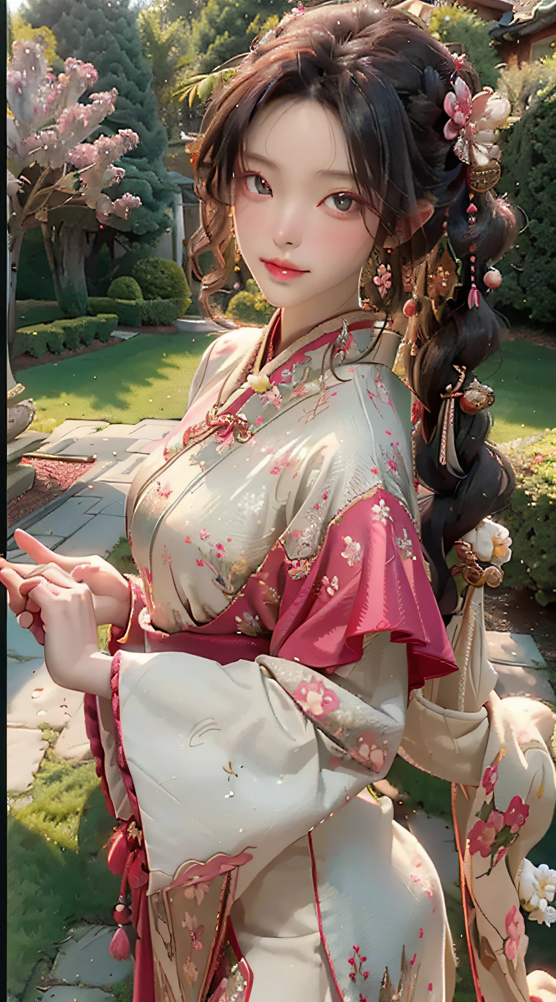 Best quality, masterpiece, most of the body, (background: garden), 1 girl, mature woman, chinoiserie, ancient China, sister, dancer, dark brown hair, dark hair, princess cut, twisted braid, curly hair, double ball head, coiled hair, streamer, pale pink lips, calm, intellectual, tassel, silver thread, beaded, peony flower, robe, silk skirt, embroidery, delicate face, close-up, light-colored clothes, pretty face, realistic, edge lighting, two-tone lighting, (high detail skin :1.2), 8K UHD, DSLR, Soft Light, High Quality, Photo, High Resolution, 4K, 8K, Background Bokeh, Lute, Headgear