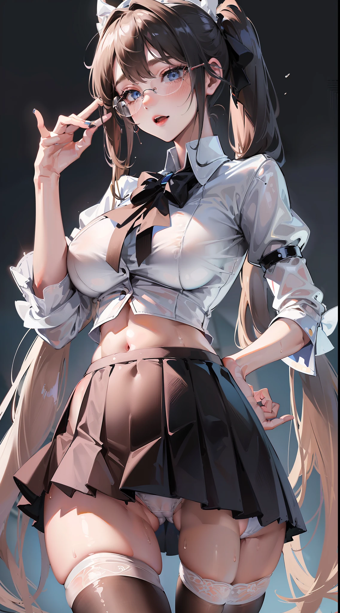 ((masterpiece)), ((best quality)), (ultra-detailed), lovely, ((sexy)), (ero), ((extremely detailed)), 4K, (8K), best quality, (beautiful),
campus, falling flat, turn one's back on, lift up one's skirt, bare one's buttocks,
1girl, beautiful blue eyes, beautiful black twintail hair, glasses,
high school uniform, pleated skirt, stockings,
((White panties, cameltoe)),
buttocks, large breast, sweaty, wet body, navel out, thighs out, slim, slender, ribon, ashamed, blush, translucent body, Transparent, shiny-glistening, gleaming,