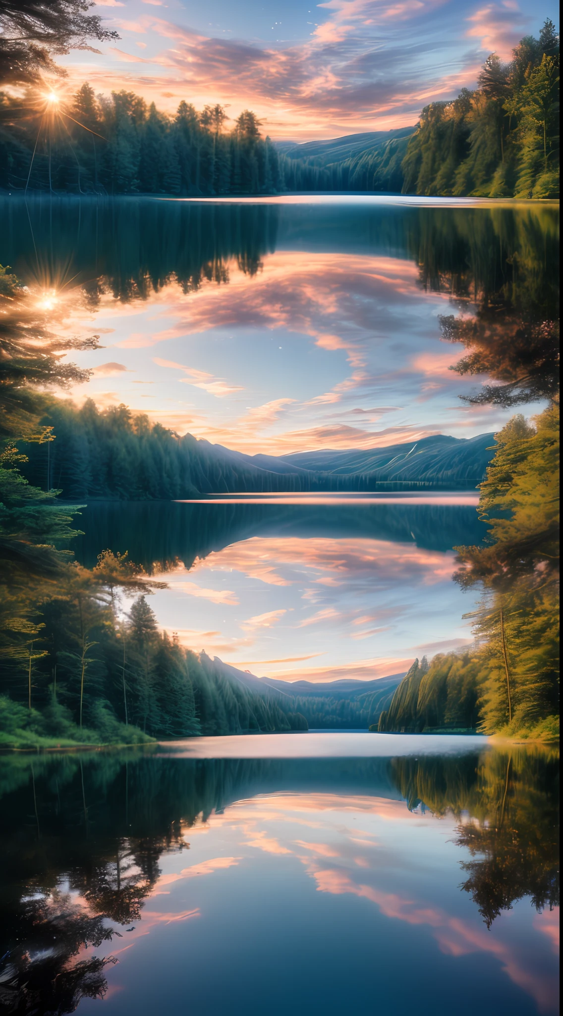 wallpaper, summer, lake, dawn, forest, detailed forest, clouds, masterpiece, cinematic, soft light, depth of field, ray tracing, reflection in water, realism, ulra detailed,