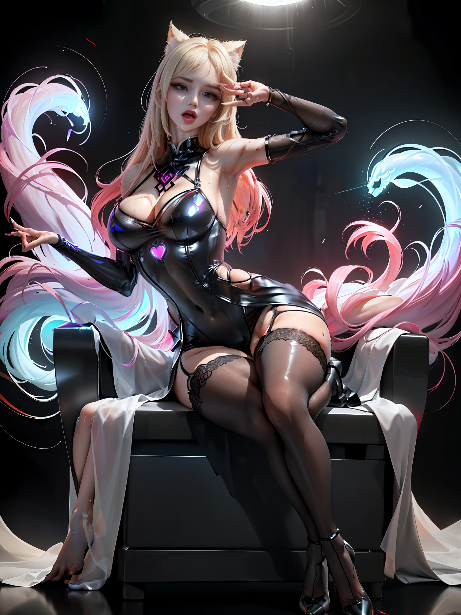 (only two legs, only two hands) (Cyberpunk background: 1.5) (transparent clothes, high-gloss transparent stockings, transparent black tulle cheongsam illuminated by cyberpunk style lights, transparent clothes, looming transparent black tulle cheongsam, painting style, (sitting) 1 girl, hands raised, forearms raised up, forearms behind her to hold scattered hair, bare red armpits full of sweat, white-blond hair was held behind her head, Fleshy thighs tightened by black suspender stockings, huge breasts. Seductive expression, sticking out tongue to lick lips, wet clothes, wet body, wet body, sexy face, looming, looming breasts, ahri (k/da), ahri, ((full body photo)), sitting in a chair, (body facing the viewer) legs crossed, soles facing the viewer, high heels in red soles, ahri (k/da), transparent black tulle cheongsam with translucent bikini inside, intricate patterns on transparent clothes, portrait, masterpiece, best quality, (Very detailed CG unity 8k wallpaper, super detailed, best quality), (detailed background), (beautiful detail face), high contrast, (best lighting) (pixiv)
