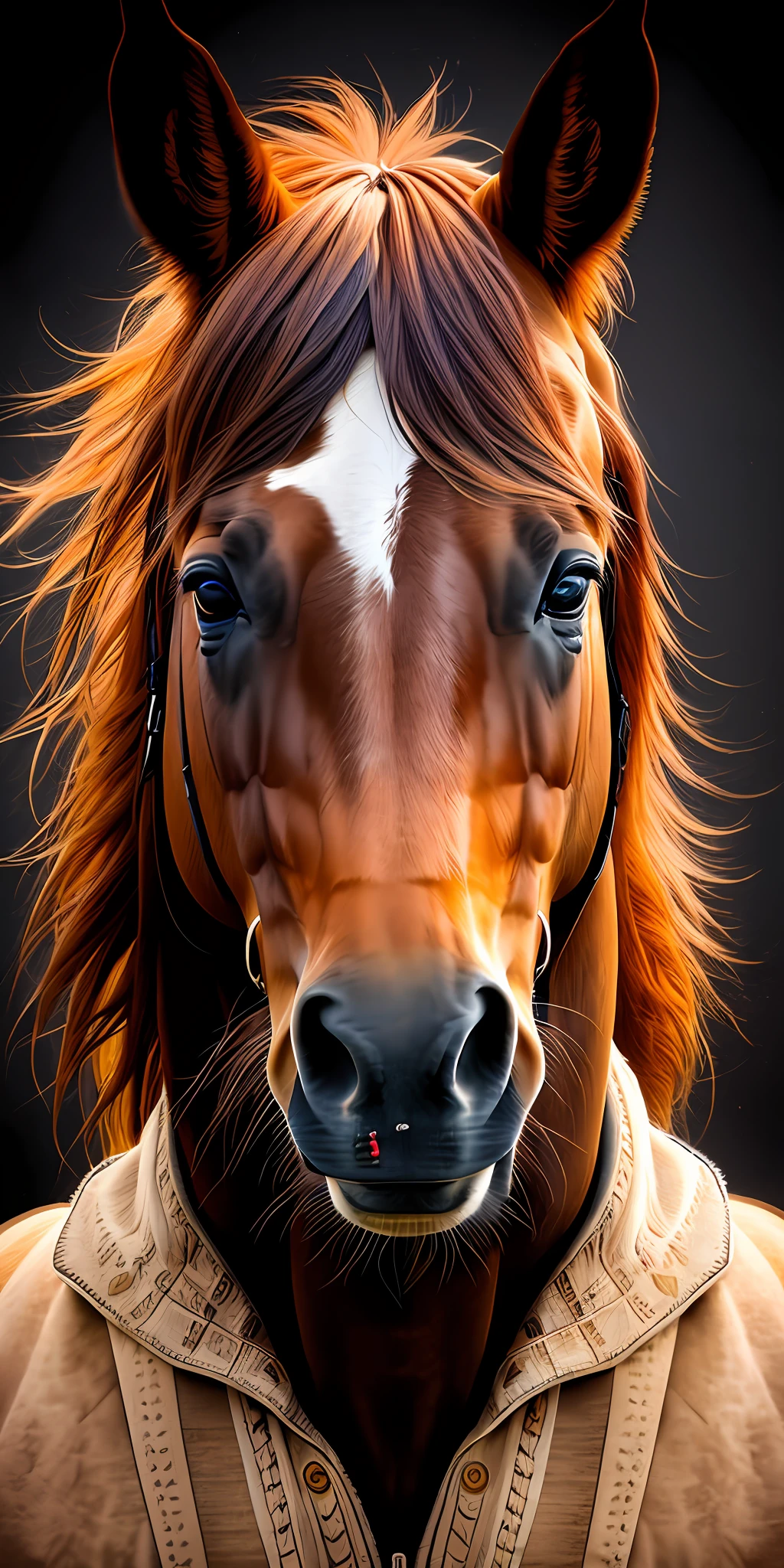 Horse photo, close-up - upward portrait shot, close-up portrait shot, portrait shot, beautiful serene horse, beautiful head, flowing mane, delicate face and muzzle, digital horse