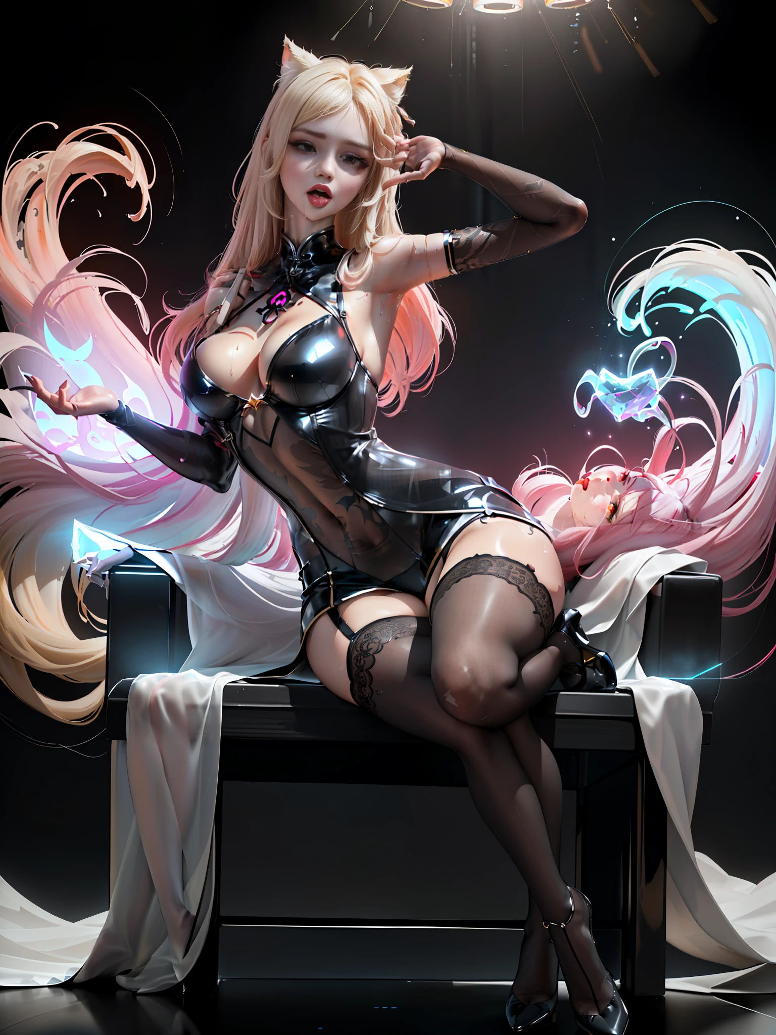 (only two legs, only two hands) (Cyberpunk background: 1.5) (transparent clothes, high-gloss transparent stockings, transparent black tulle cheongsam illuminated by cyberpunk style lights, transparent clothes, looming transparent black tulle cheongsam, painting style, (sitting) 1 girl, hands raised, forearms raised up, forearms behind her to hold scattered hair, bare red armpits full of sweat, white-blond hair was held behind her head, Fleshy thighs tightened by black suspender stockings, huge breasts. Seductive expression, sticking out tongue to lick lips, wet clothes, wet body, wet body, sexy face, looming, looming breasts, ahri (k/da), ahri, ((full body photo)), sitting in a chair, (body facing the viewer) legs crossed, soles facing the viewer, high heels in red soles, ahri (k/da), transparent black tulle cheongsam with translucent bikini inside, intricate patterns on transparent clothes, portrait, masterpiece, best quality, (Very detailed CG unity 8k wallpaper, super detailed, best quality), (detailed background), (beautiful detail face), high contrast, (best lighting) (pixiv)
