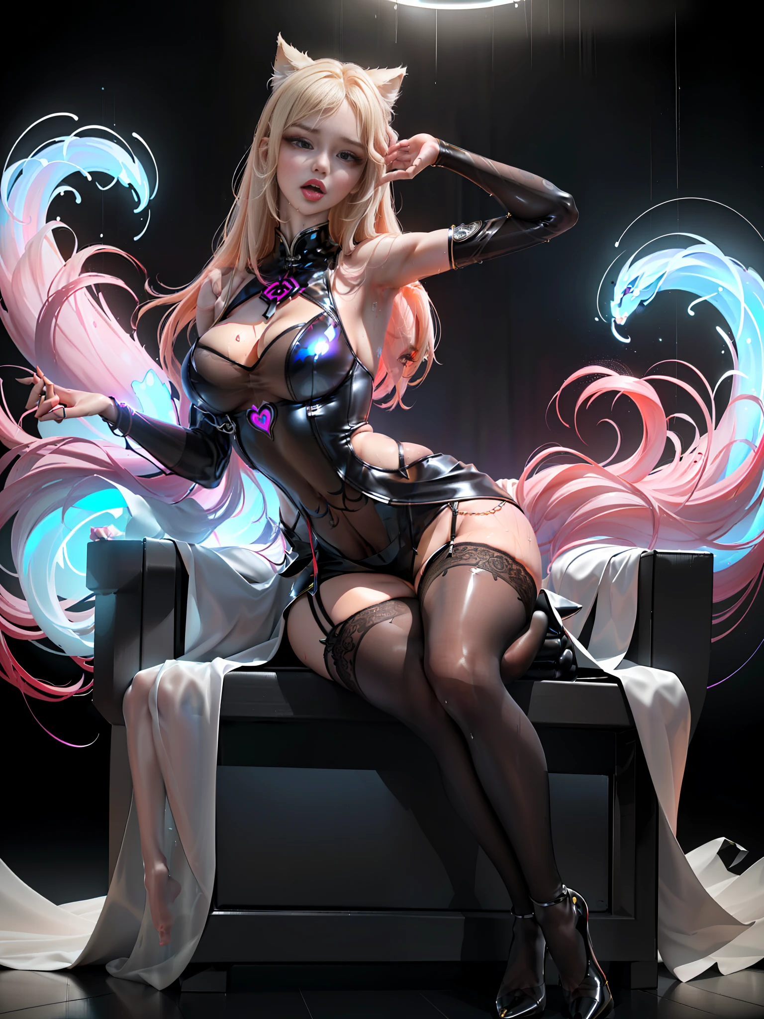 (only two legs, only two hands) (Cyberpunk background: 1.5) (transparent clothes, high-gloss transparent stockings, transparent black tulle cheongsam illuminated by cyberpunk style lights, transparent clothes, looming transparent black tulle cheongsam, painting style, (sitting) 1 girl, hands raised, forearms raised up, forearms behind her to hold scattered hair, bare red armpits full of sweat, white-blond hair was held behind her head, Fleshy thighs tightened by black suspender stockings, huge breasts. Seductive expression, sticking out tongue to lick lips, wet clothes, wet body, wet body, sexy face, looming, looming breasts, ahri (k/da), ahri, ((full body photo)), sitting in a chair, (body facing the viewer) legs crossed, soles facing the viewer, high heels in red soles, ahri (k/da), transparent black tulle cheongsam with translucent bikini inside, intricate patterns on transparent clothes, portrait, masterpiece, best quality, (Very detailed CG unity 8k wallpaper, super detailed, best quality), (detailed background), (beautiful detail face), high contrast, (best lighting) (pixiv)