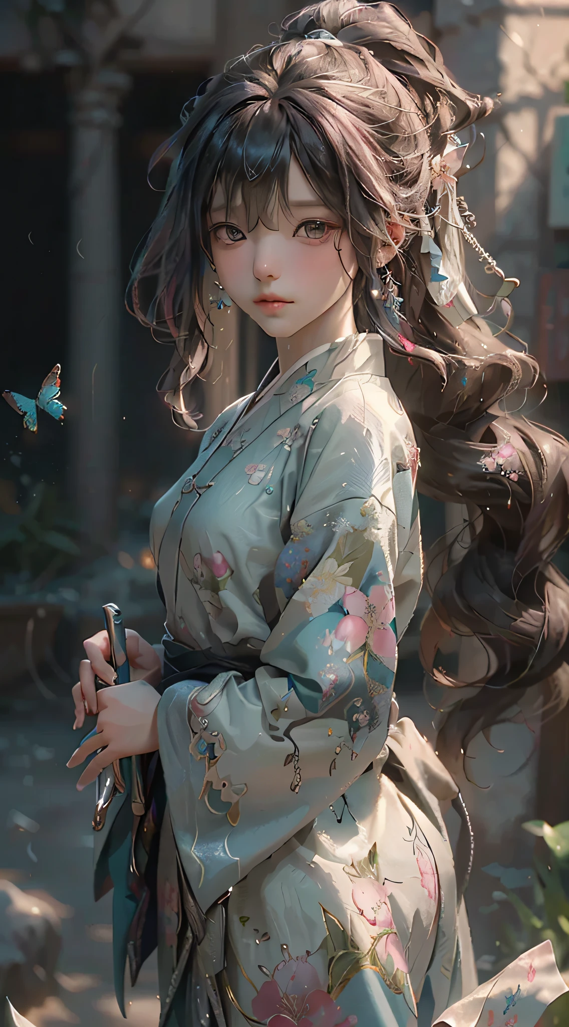 (8k, RAW photo:1.2), best quality, ultra high res,dramatic angle,(fluttered detailed color splashs), (illustration),(((1 girl))),(long hair),(rain:0.9), (头饰:1.4),少女身边有一座古宫,汉服,(重点),彩色水墨画,(泼彩),泼彩,(((colorful))),(素描:0.8) , Masterpiece, best quality, beautiful painted, highly detailed,(denoising:0.6),[splash ink],((ink refraction)), (beautiful detailed sky),moon,highly,detaild,(masterpiece, best quality, extremely detailed） CG unity 8k壁纸，杰作，最好的质量，超详细），（石蒜），