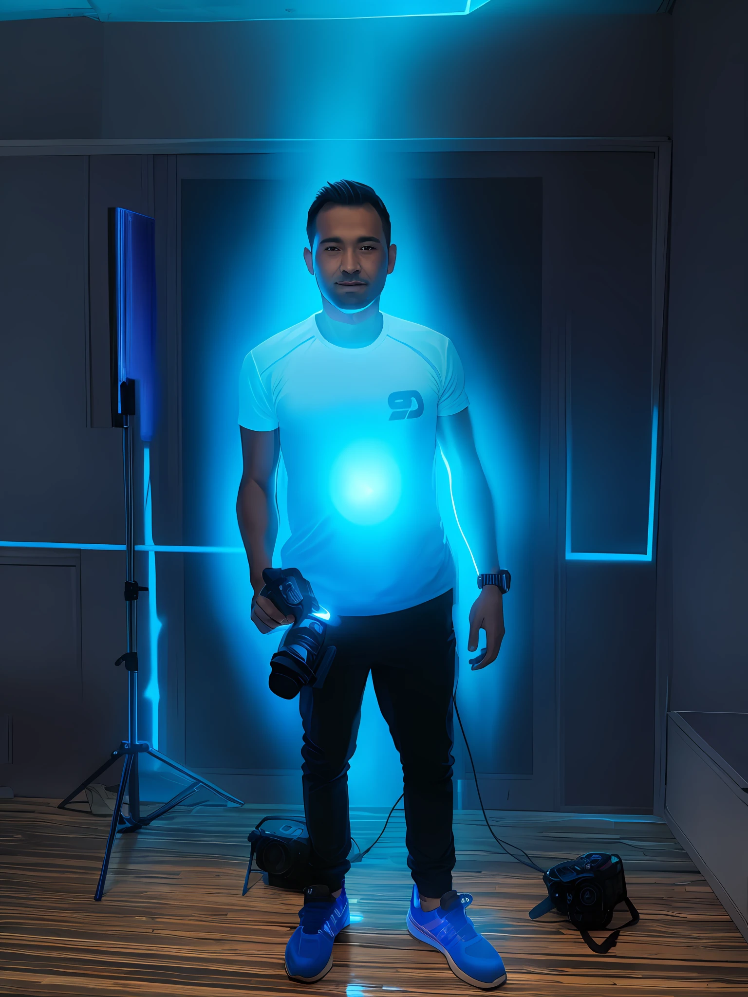 man standing in a room with a camera and a blue light, full body photographer, well-lit professional photo, cinematic, full body photography, art, illustration, detailed, 4k, professional image, holograms, cyber punk, futuristic