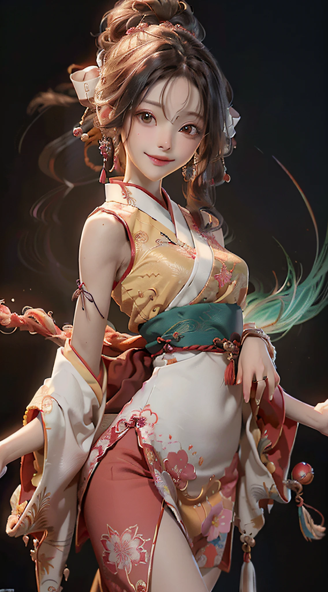 Official Art, Unified 8K Wallpapers, Ultra Detailed, Beautiful and Aesthetic, Masterpiece, Best Quality, (Zentangle, Tangle, Entangle), (fractal art: 1.4), 1girl, black hair, Chinese, bare shoulders, short skirt, calf, navel, very detailed, dynamic angle, cowboyshot, (most beautiful form chaos), flowing, (bright colors), oc, (half: 1.2), china, (thangka flying sky: 1.5), (ribbon: 1.3), (dream: 1.5), (hanfu: 1.5), Chinese dragon, Chinese phoenix, (smile: 0.5), (Chinese deity),
