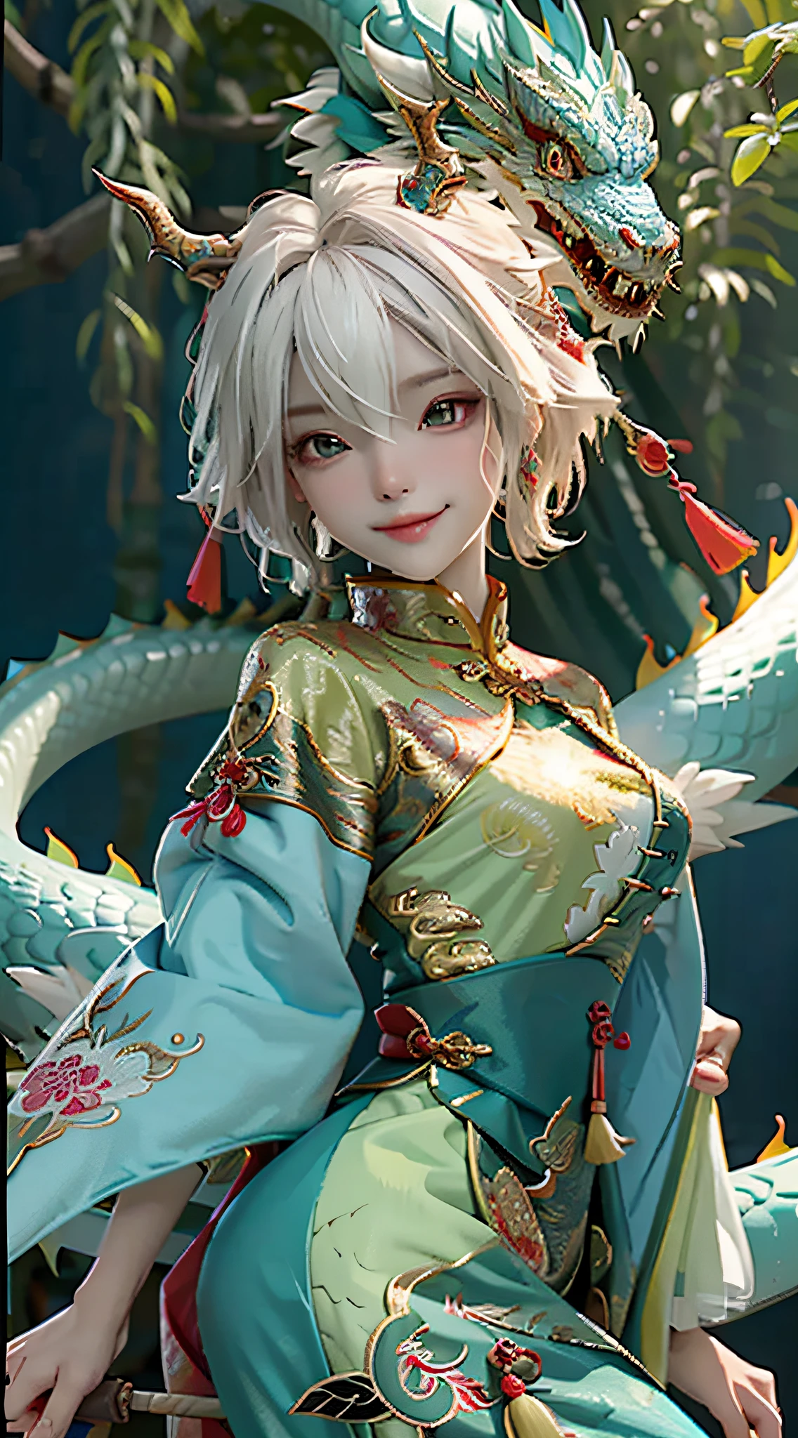 Masterpiece, best quality, make friends with Chinese dragons, fun, happy, bright, dragons