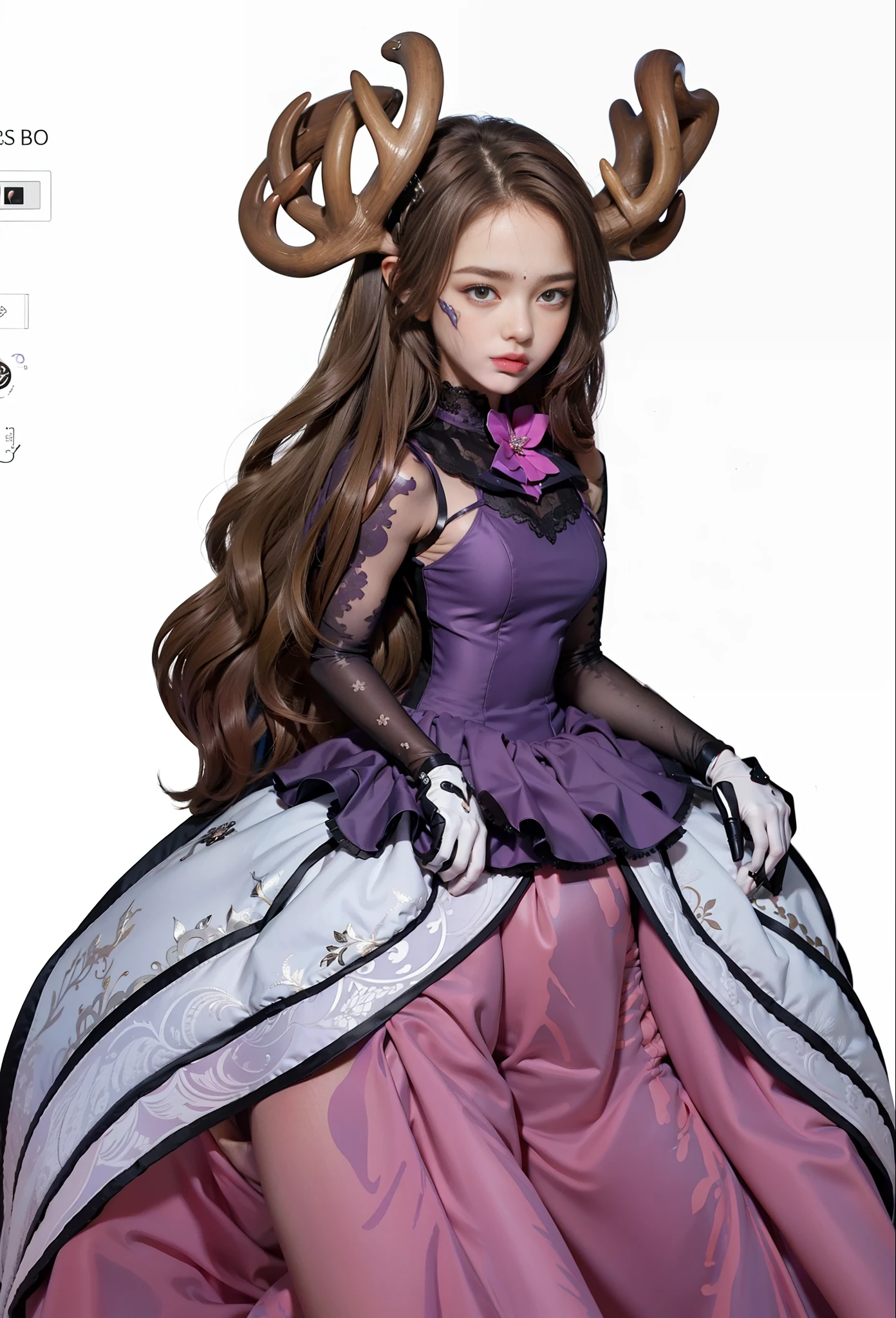 (female:1.2) (bodybuilder:0.8), hyper realistic, masterpiece, photorealistic, realskin, detailed face, detailed skin, detailed lighting, 1girl, loli, deer antlers, long hair, brown hair, purple dress